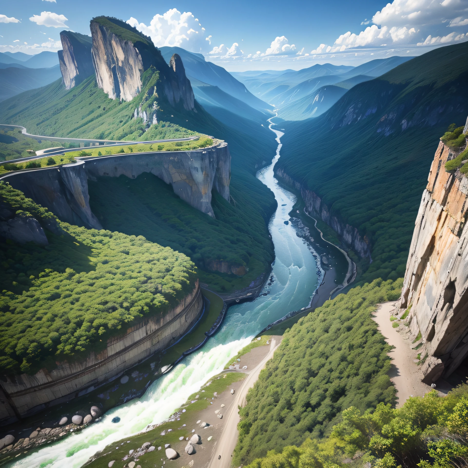 Imagine a pencil bridge over a river of rapids, with tall, steep mountains in the background.
The viewing angle of the image must be from bottom to top and the time as blue light. "Photo quality, -hd, -Testp". --auto