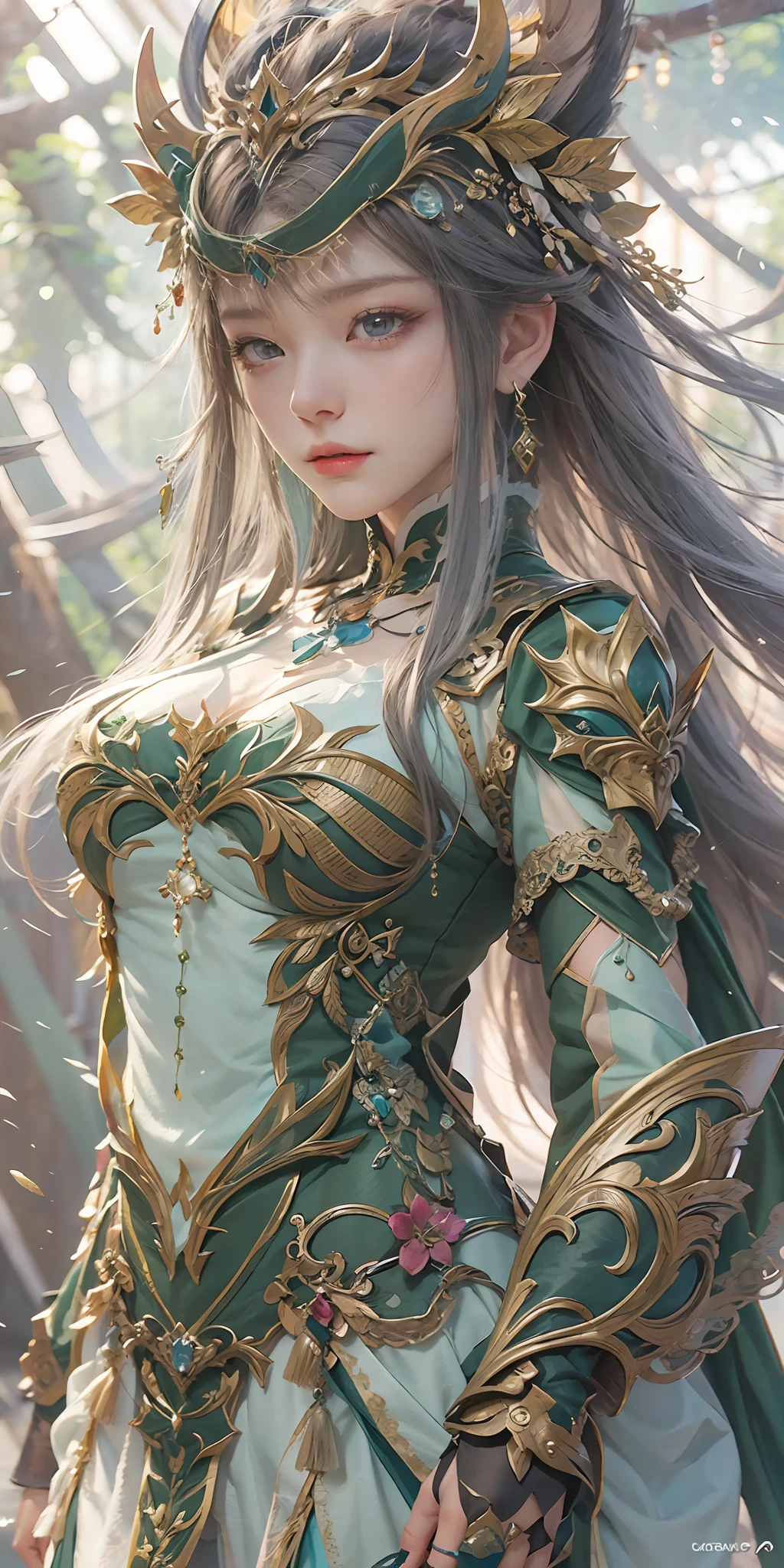 (Close-up Shot Shot),Super close-up,A woman who is,Wearing a green dress,Cheng Weipan Art Station,Xiuxian sense of technology,Green vines,Gauze sleeves,detailed fantasy art,Stunning character art,Epic and refined character art,Beautiful armor,Extremely detailed artistic germination,Detailed digital anime art, Artgerm on the art station Pixiv,Armor Girl,Exquisite and intricate headwear and jewelry