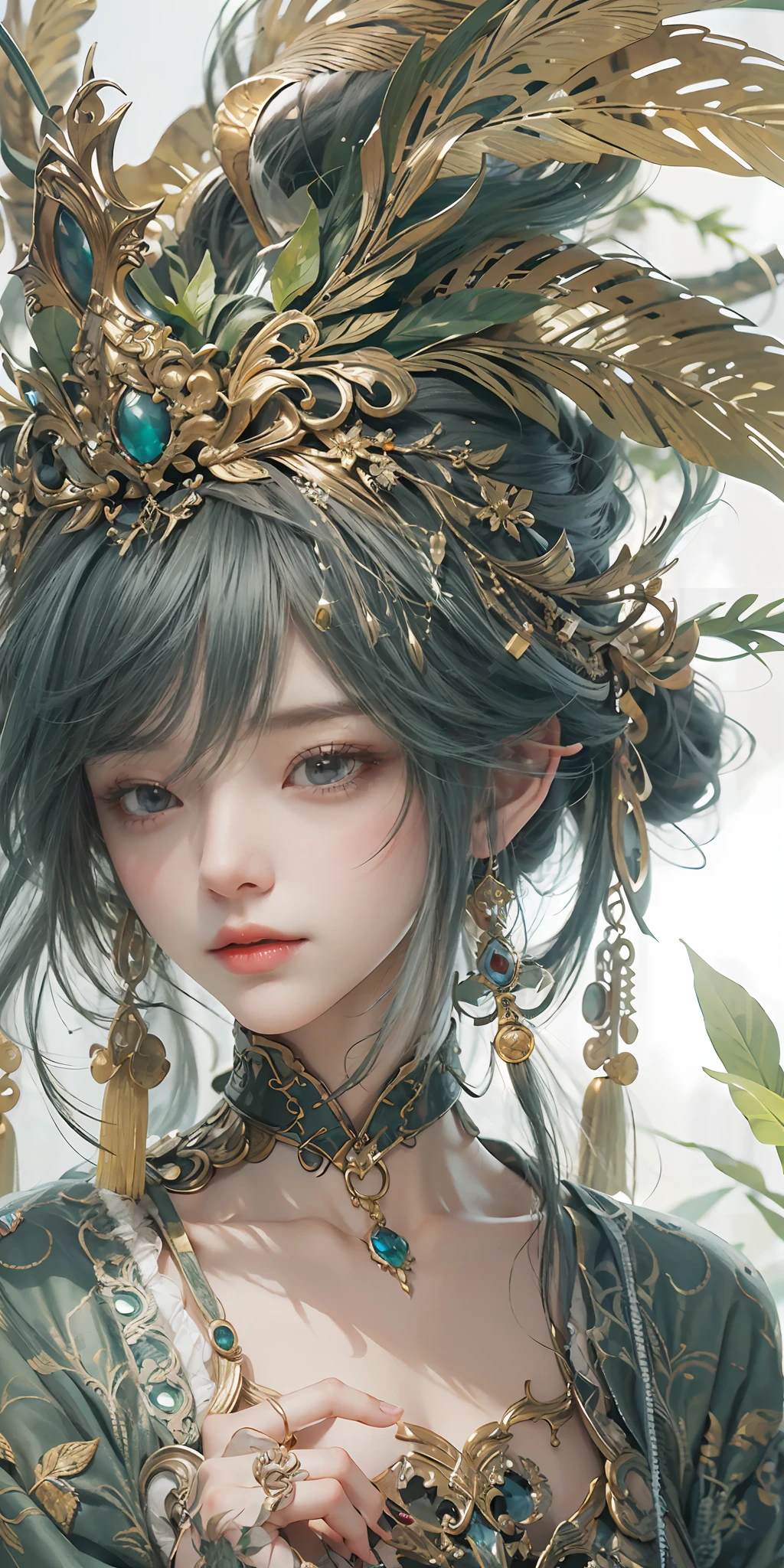 (Close-up Shot Shot),Super close-up，A woman who is，Wearing a green dress，Cheng Weipan Art Station，Xiuxian sense of technology，Green vines，Gauze sleeves，detailed fantasy art，Stunning character art，Epic and refined character art，Beautiful armor，Extremely detailed artistic germination，Detailed digital anime art, Artgerm on the art station Pixiv，Armor Girl，Exquisite and intricate headwear and jewelry