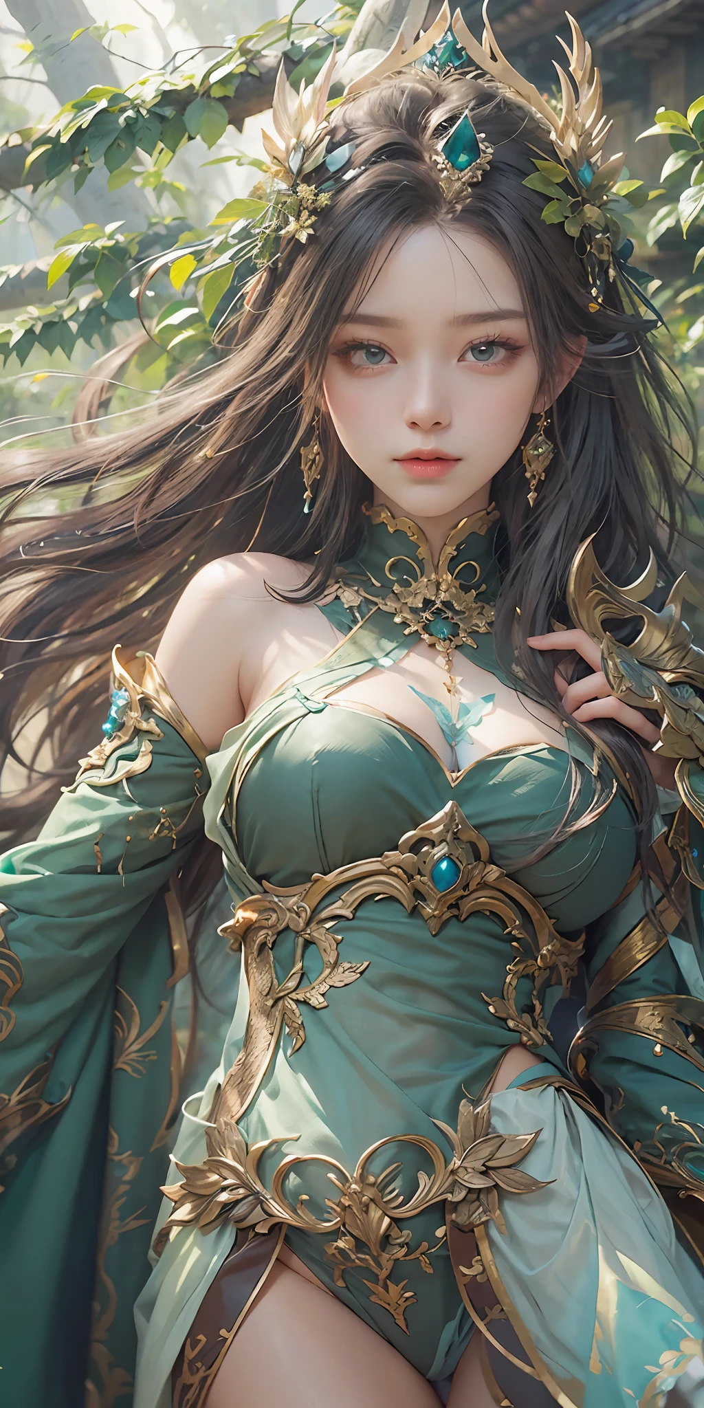 (Close-up Shot Shot),Super close-up,A woman who is,Wearing a green dress,Cheng Weipan Art Station,Xiuxian sense of technology,Green vines,Gauze sleeves,detailed fantasy art,Stunning character art,Epic and refined character art,Beautiful armor,Extremely detailed artistic germination,Detailed digital anime art, Artgerm on the art station Pixiv,Armor Girl,Exquisite and intricate headwear and jewelry