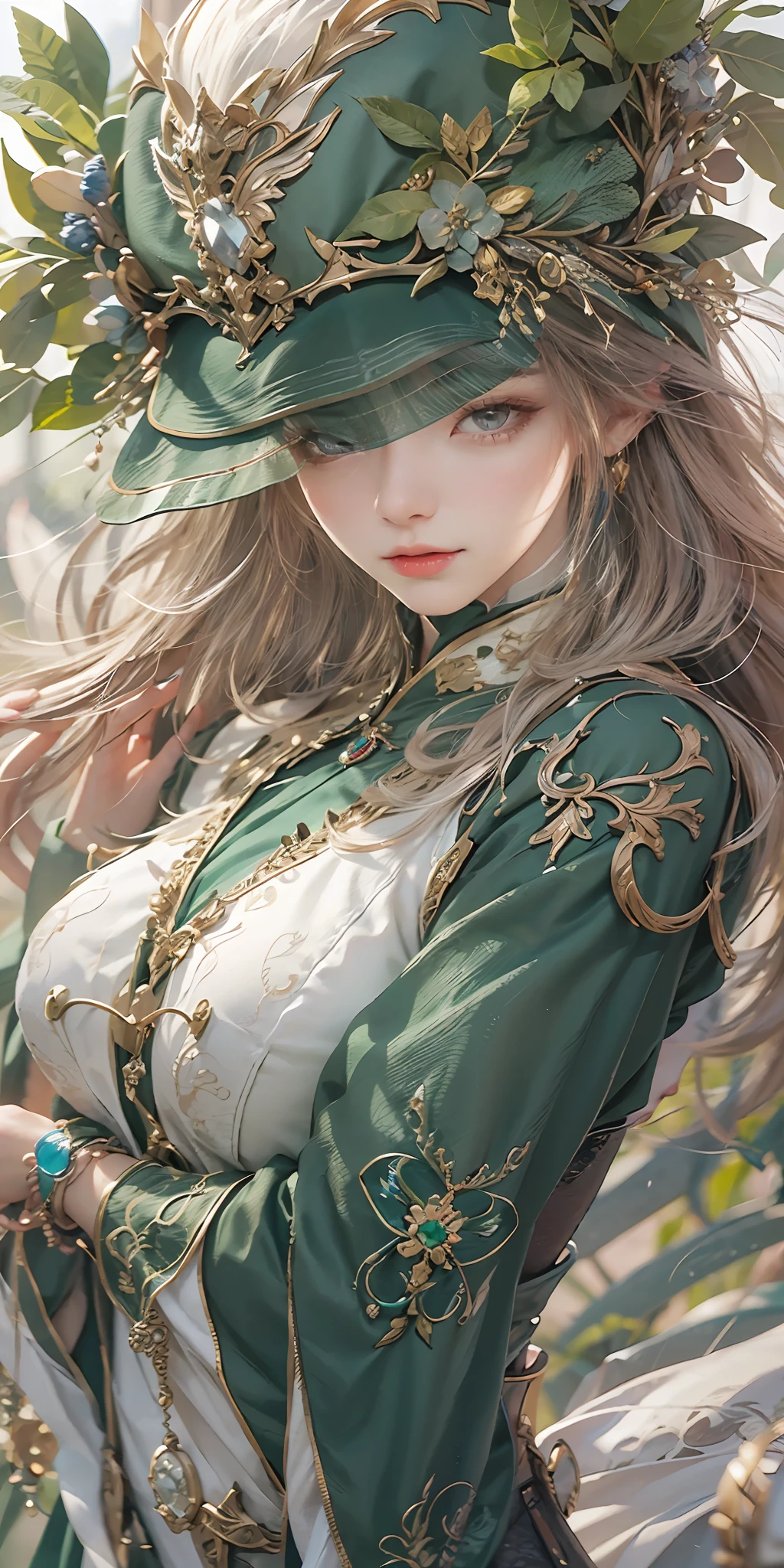 (Close-up Shot Shot),Super close-up，A woman who is，Wearing a green dress，Cheng Weipan Art Station，Xiuxian sense of technology，Green vines，Gauze sleeves，detailed fantasy art，Stunning character art，Epic and refined character art，Beautiful armor，Extremely detailed artistic germination，Detailed digital anime art, Artgerm on the art station Pixiv，Armor Girl，Exquisite and intricate headwear and jewelry