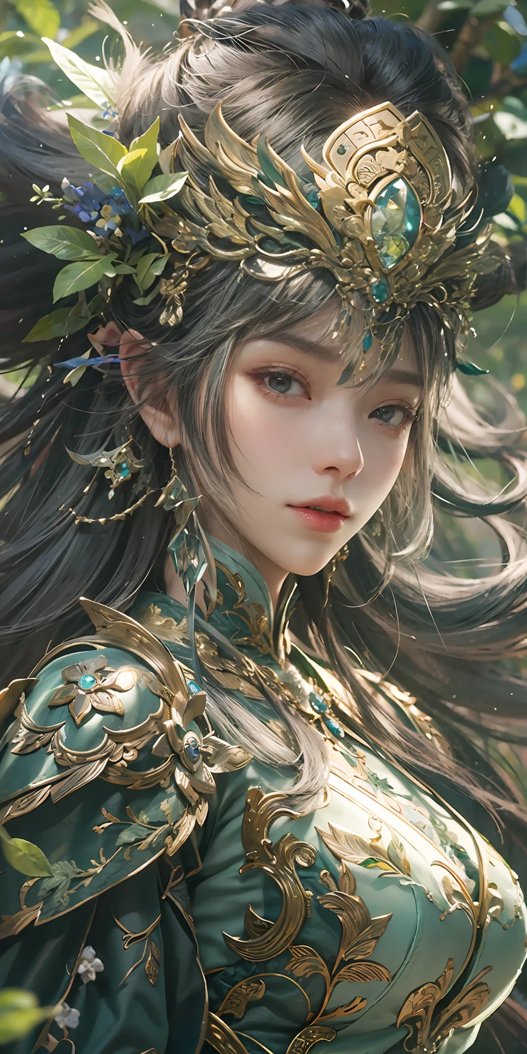 (Close-up Shot Shot),Super close-up，A woman who is，Wearing a green dress，Cheng Weipan Art Station，Xiuxian sense of technology，Green vines，Gauze sleeves，detailed fantasy art，Stunning character art，Epic and refined character art，Beautiful armor，Extremely detailed artistic germination，Detailed digital anime art, Artgerm on the art station Pixiv，Armor Girl，Exquisite and intricate headwear and jewelry