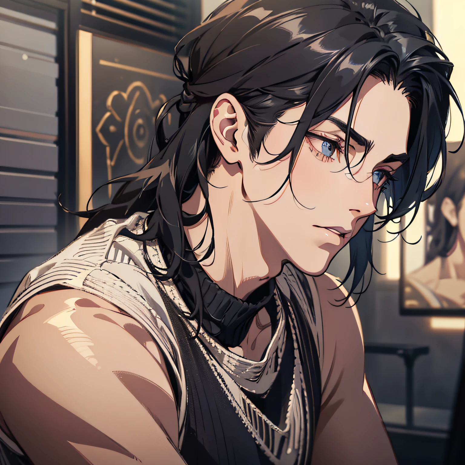 hair pulled back, hair one side up, Shiny hair, eyeball, High detail, Anime, Ray tracing, shadowing, projected inset,  Textured skin, Masterpiece, High quality,1male people，Artistic temperament，Male face，Sloth，Black color hair，Tough silhouette，The muscles are pronounced，Sweaters