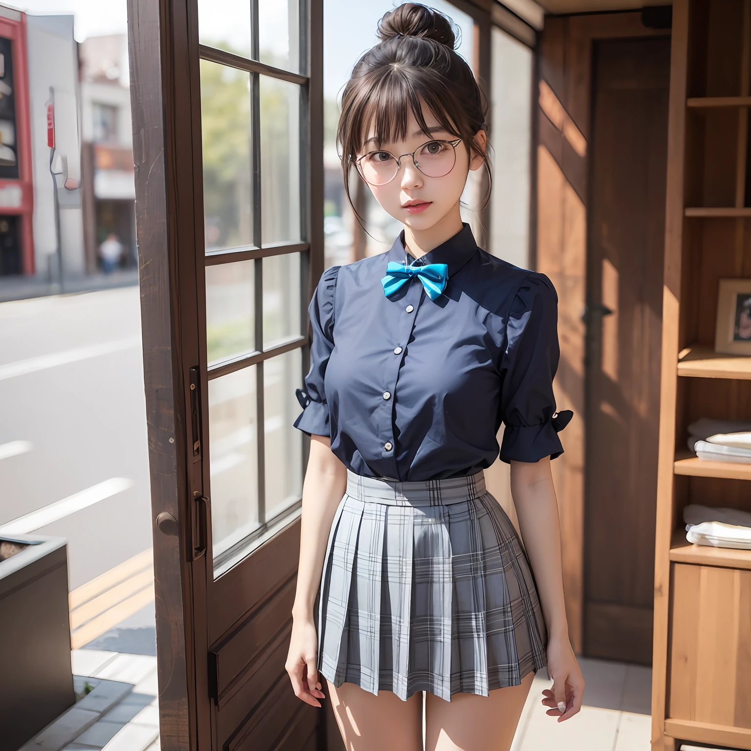 （8K、Raw photography、top-quality、​masterpiece：1.2）,full body Esbian,​masterpiece,top-quality、超A high resolution,Raw photo,ren,Beautiful fece,One Person, 独奏,eye glass,,Dark look,Small breasts,fullllbody,Round glasses、cute little、A Japanese Lady,is standing,(Tight eyes,Bullish,skinny,Rasping,irate,small tits,flat breast)、（Photorealsitic：1.37）、Photon mapping,Light blue ribbon,Realistic、Cute little face,Brown-eyed、Black socks、Red bow tie、Radio City、Physically Based Rendering、Foreground、depth of fields、Blurry background、a picture,The girls、Body, Long legs, Thin leg, Single knot ponytail,Bun your hair into a bun、shed in front of the chest.、(Bangs are visible), hair, s lips, Blue_The eye, nosesoft,  Light blue shirt, Navy blue and blue and white plaid pleated skirt, Sheer clothing,, Thigh, Black cotton socks,Nogizaka Idol, 女優, Japanese ido