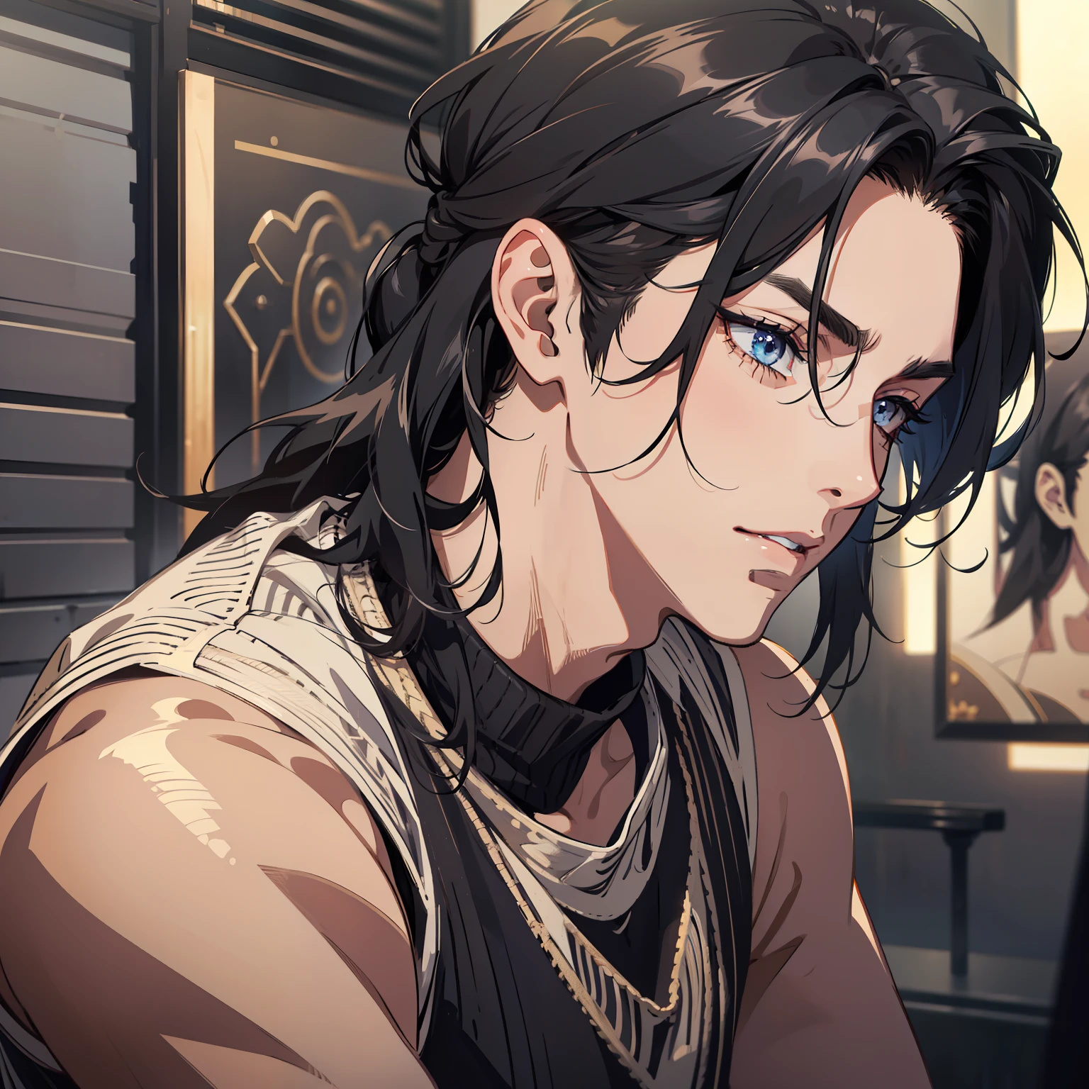 hair pulled back, hair one side up, Shiny hair, eyeball, High detail, Anime, Ray tracing, shadowing, projected inset,  Textured skin, Masterpiece, High quality,1male people，Artistic temperament，Male face，Sloth，Black color hair，Tough silhouette，The muscles are pronounced，Sweaters