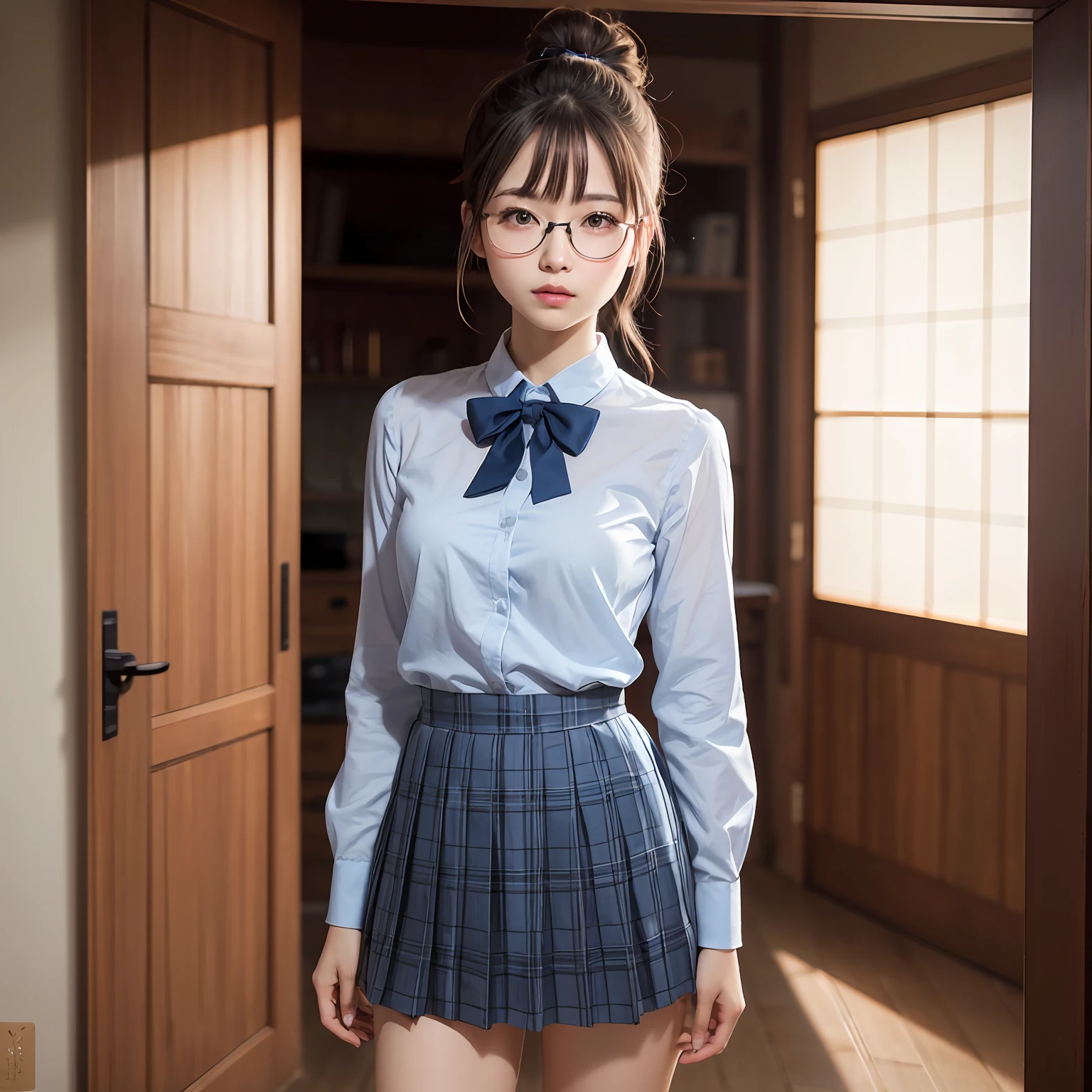 (8K、Raw photography、top-quality、masterpiece:1.2),full body Esbian,masterpiece,top-quality、超A high resolution,Raw photo,ren,Beautiful fece,One Person, 独奏,eye glass,,Dark look,Small breasts,fullllbody,Round glasses、cute little、A Japanese Lady,is standing,(Tight eyes,Bullish,skinny,Rasping,irate,small tits,flat breast)、(Photorealsitic:1.37)、Photon mapping,Light blue ribbon,Realistic、Cute little face,Brown-eyed、Black socks、Red bow tie、Radio City、Physically Based Rendering、Foreground、depth of fields、Blurry background、a picture,The girls、Body, Long legs, Thin leg, Single knot ponytail,Bun your hair into a bun、shed in front of the chest.、(Bangs are visible), hair, s lips, Blue_The eye, nosesoft, Light blue shirt, Navy blue and blue and white plaid pleated skirt, Sheer clothing,, Thigh, Black cotton socks,Nogizaka Idol, 女優, Japanese ido