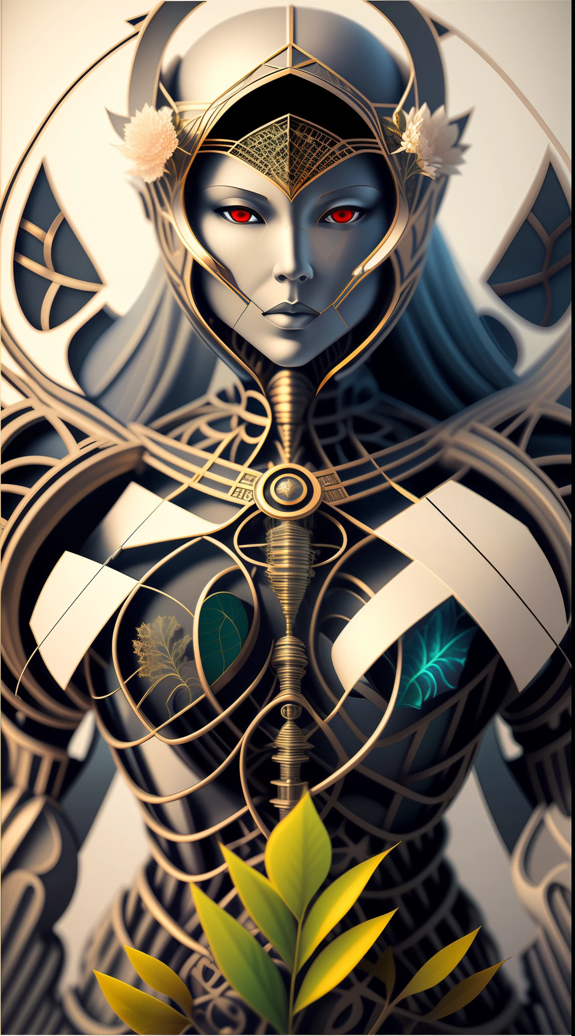 Nousr Robot, sophisticated 3D rendering with ultra-detail of the beautiful angel of death, biomechanical cyborg, analog, 150mm lens, Beautiful natural soft light around the edges, large leaves and stems, roots, fine foliage lace, colorful details, samurai, Costume by Boris Bijan Saberi, pearl earring, piercing, Art Nouveau embroidery, intricate details, mesh wire, mandelbrot fractal, anatomical, facial muscles, cable wires, microchip, bully, A hyper-realistic, Ultra-detailed, Octane rendering, voluminous lighting, 8k post-production, red and white with a hint of black, Detailed metal bones, half-human, iridescent colors, Glenn Brown style, The White Room, The Power of God, foreshortening, Difficult poses