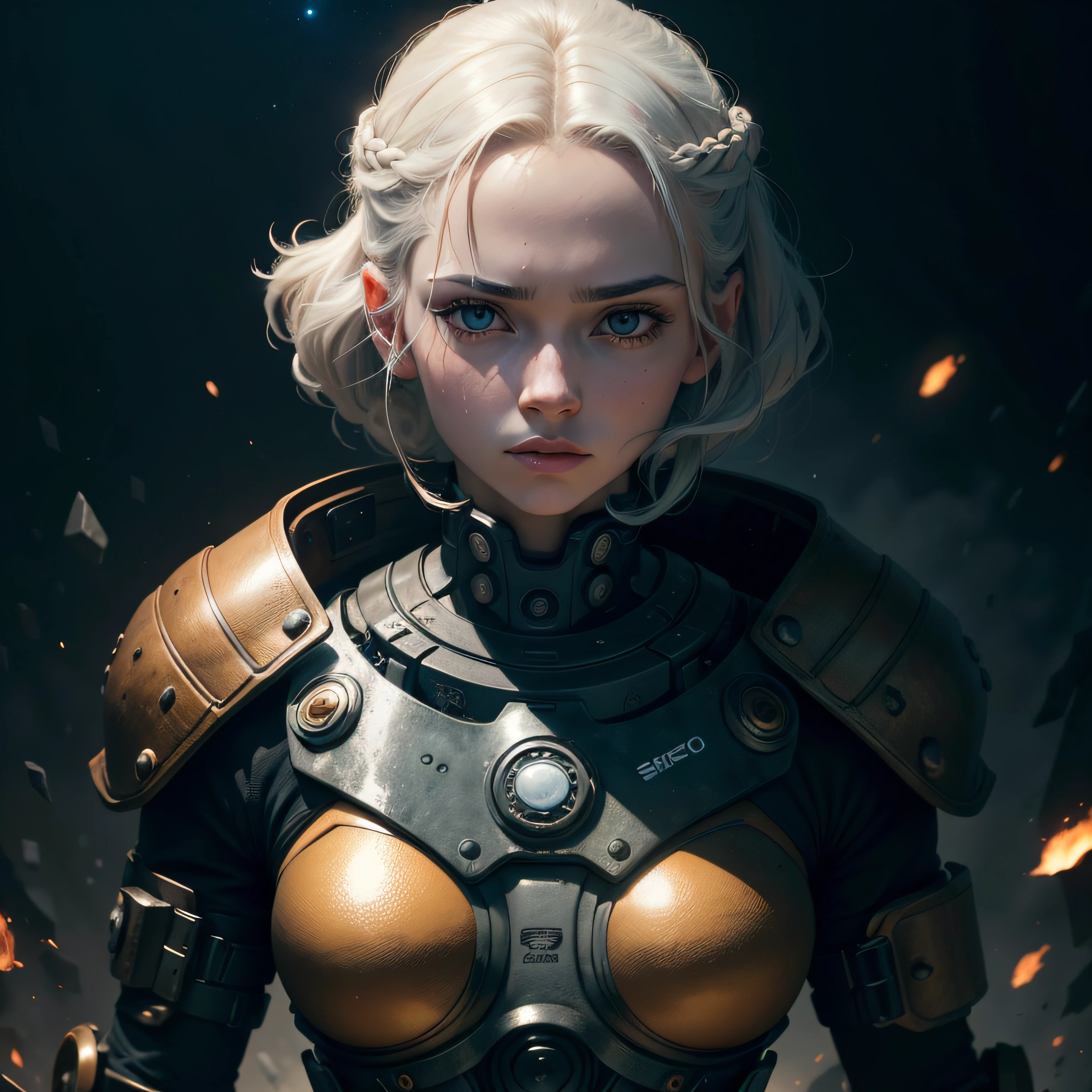 obra-prima, melhor qualidade, Cinematographic photo, anatomicamente correto, digital art illustration, mulher inocente de 20 anos, pale skinned, Polish, pronounced feminine features, (alongamento), cabelo loiro liso, seios grandes, (cosmic background), vestindo armadura de ouro cyberpunk, dark illustration style, (8k, dynamic compositing, fotorrealista, foco nítido), plano de fundo elaborado, cinemactic, thirds rule, luz de fundo, grain of film, detalhes intrincados, detalhes finos, --auto