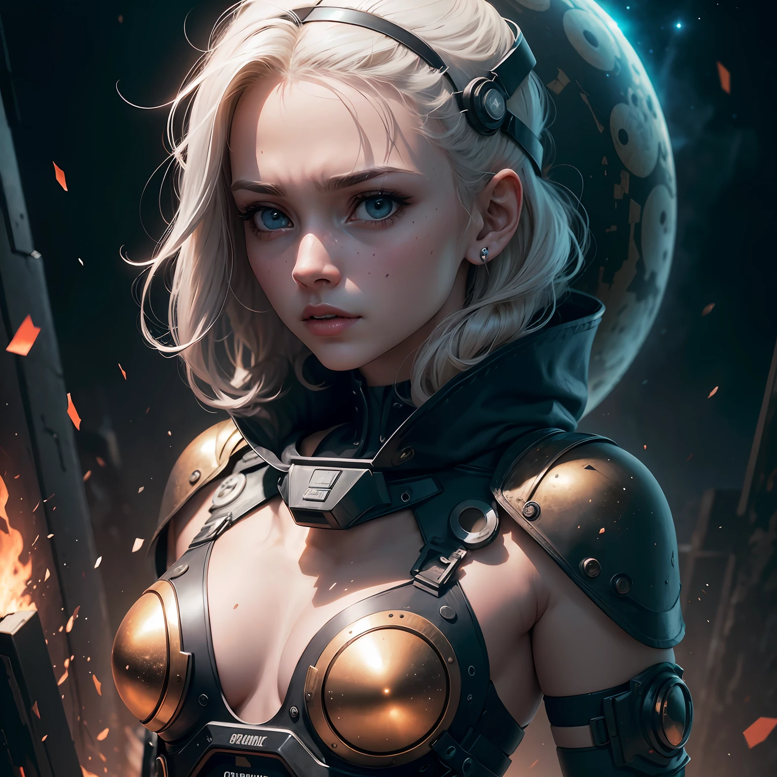 obra-prima, melhor qualidade, Cinematographic photo, anatomicamente correto, digital art illustration, mulher inocente de 20 anos, pale skinned, Polish, pronounced feminine features, (alongamento), cabelo loiro liso, seios grandes, (cosmic background), vestindo armadura de ouro cyberpunk, dark illustration style, (8k, dynamic compositing, fotorrealista, foco nítido), plano de fundo elaborado, cinemactic, thirds rule, luz de fundo, grain of film, detalhes intrincados, detalhes finos, --auto