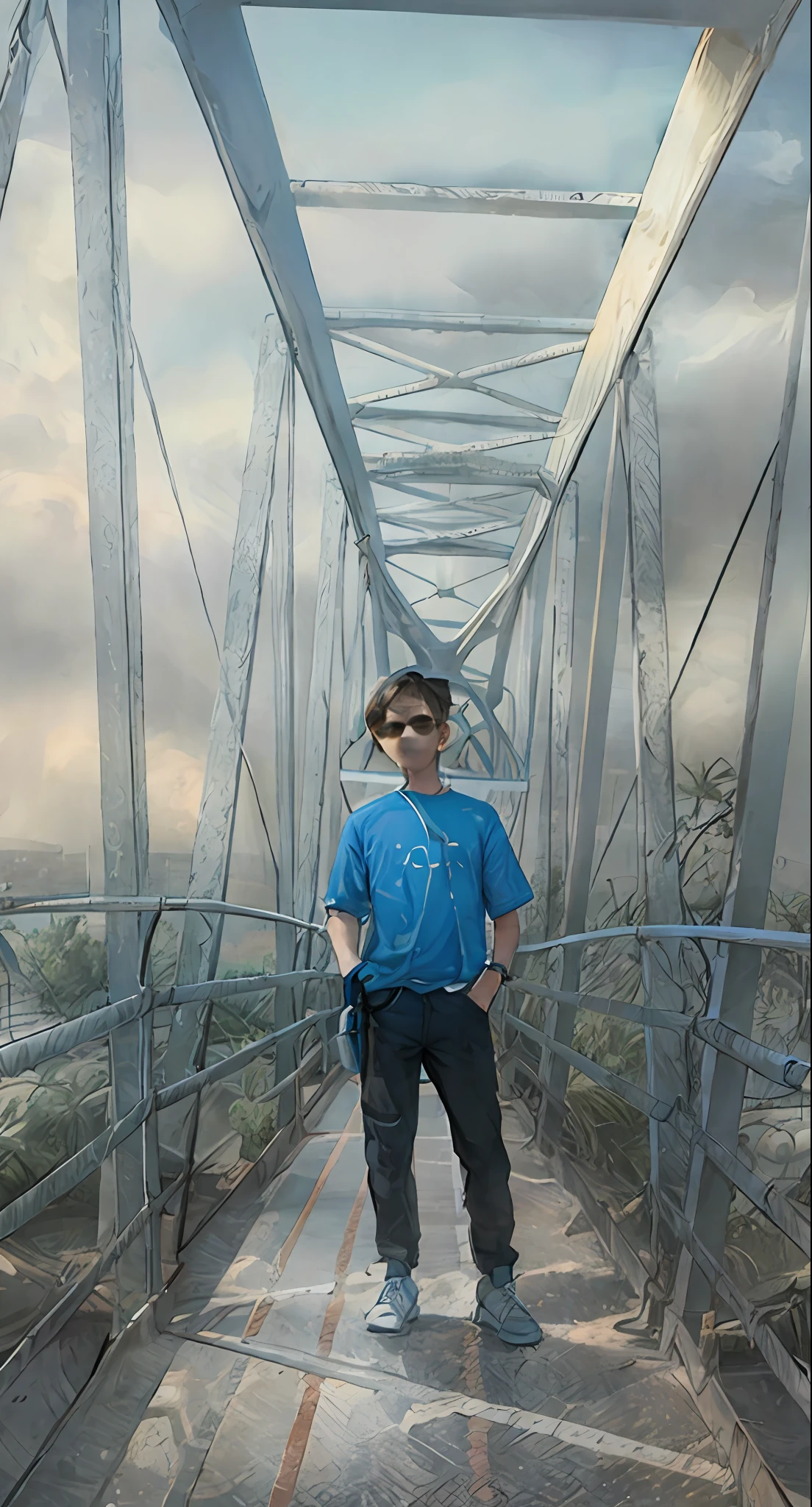 arafed man standing on a bridge with a blue shirt and sunglasses, standing on a bridge, connected with hanging bridge!!, on a bridge, pewdiepie selfie at a bridge, hanging bridge!!, with a cool pose, mid shot portrait, assamese aesthetic, shot on sony a 7 iii, aesthetic shot, shot on canon eos r5