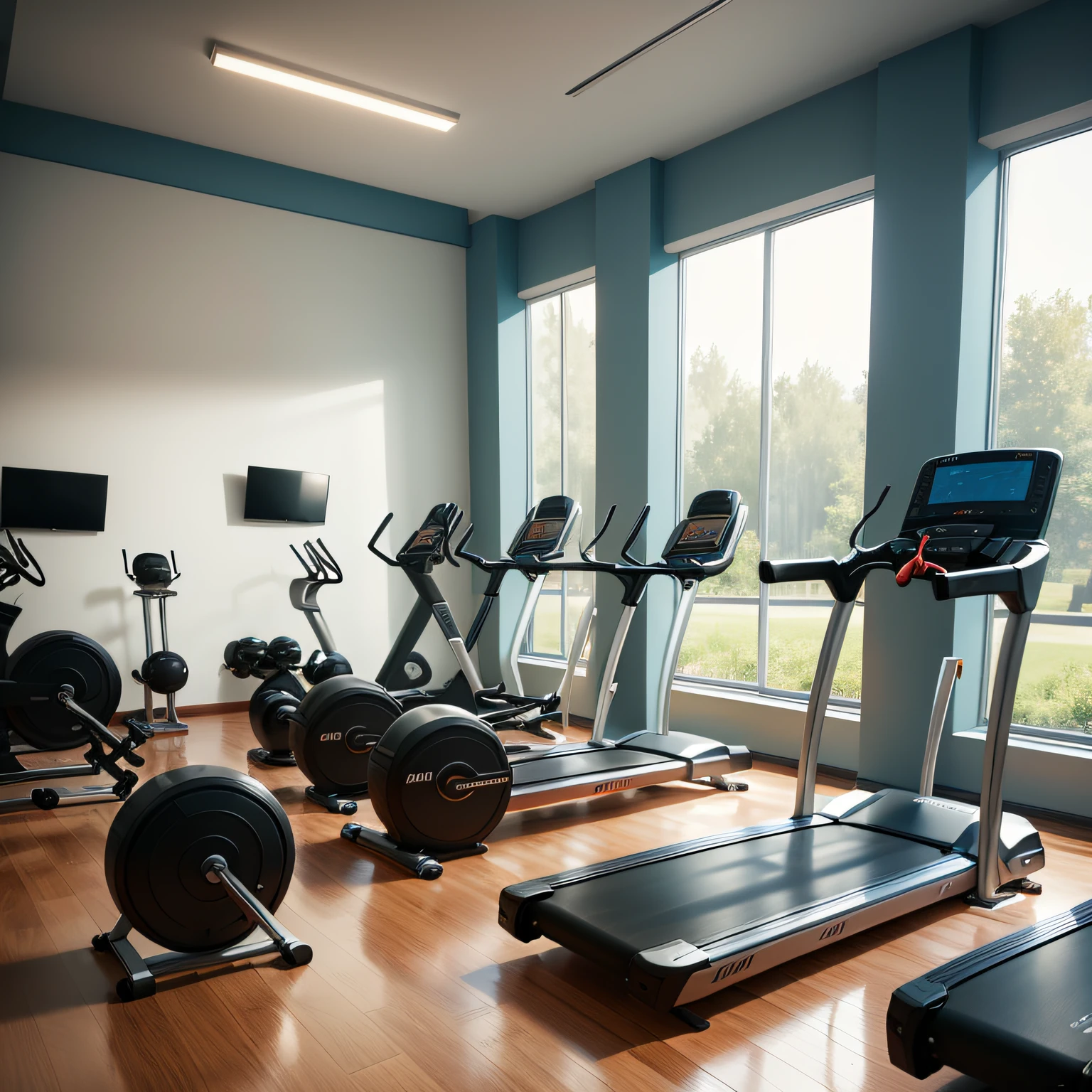 A gym masterpiece, High quality, Truly realistic, Unattended 4K indoor fitness equipment, No one, No one, No one is purely magnificent equipment