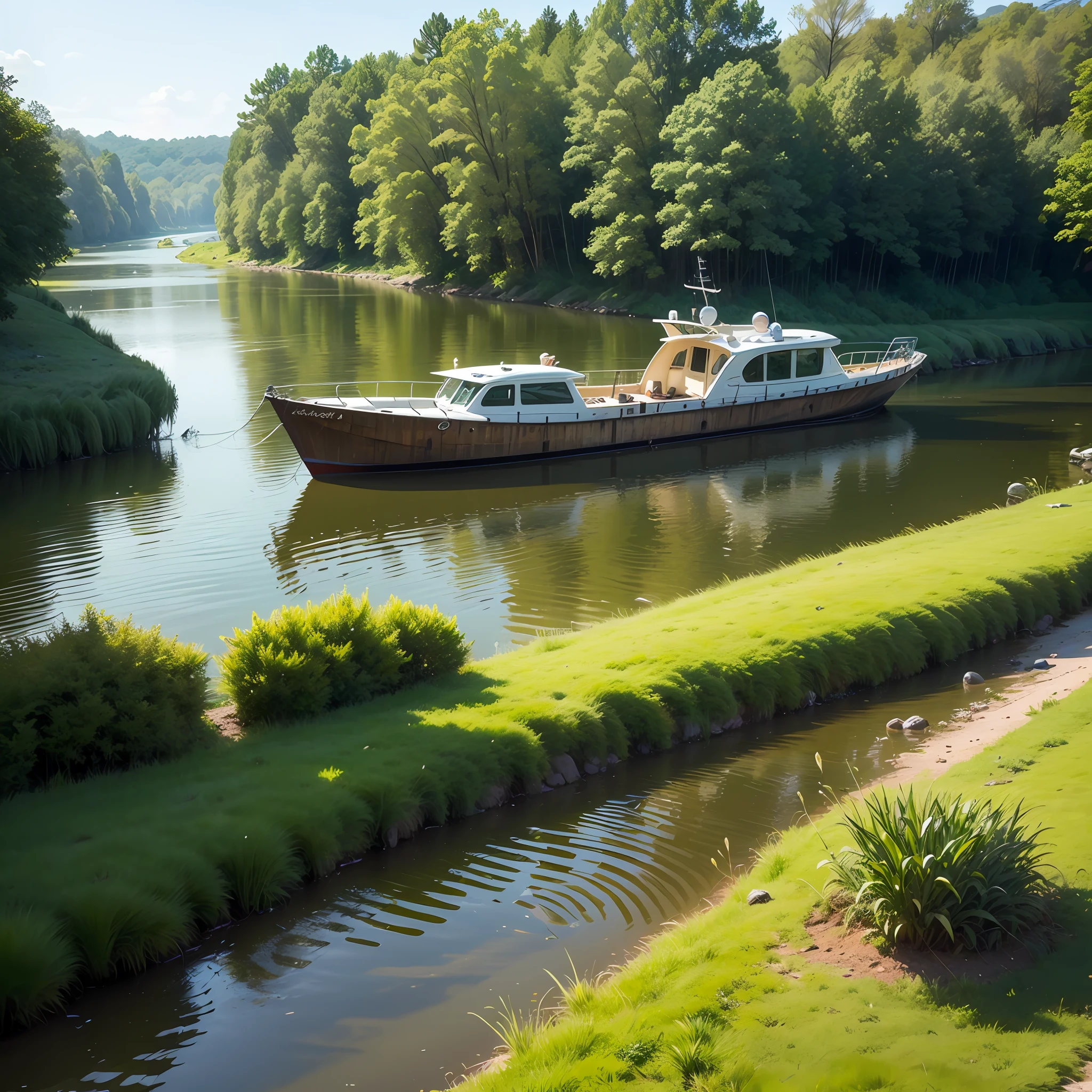 Green grass plants around the boat in the river --auto