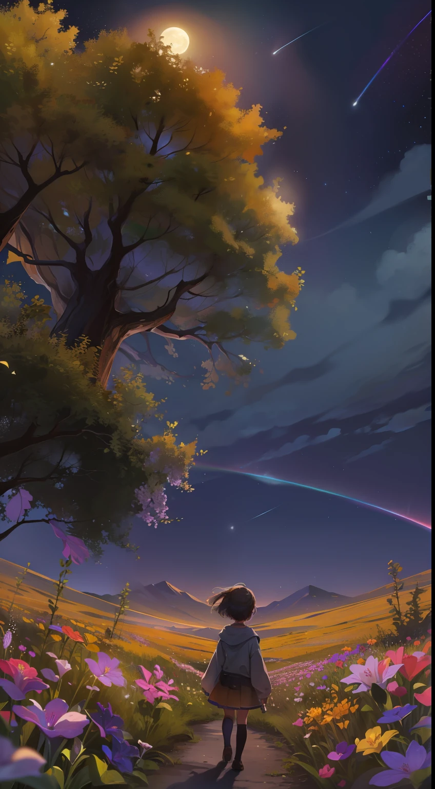 Expansive landscape photograph, (view from below with a view of the sky and the wilderness below), little girl standing in a flower field looking up, (full moon: 1.2), (shooting star: 0.9), (nebula: 1.3), distant mountain, tree break production art, (warm light source: 1.2), (firefly: 1.2), lamp, purple and orange, intricate detail, volume lighting BREAK (masterpiece: 1.2), (highest quality ), 4k, ultra-detailed, (dynamic configuration: 1.4), highly detailed and colorful details (iridescent: 1.2), (sparkling lighting, atmospheric lighting), dreamy, magical, (solo: 1.2)