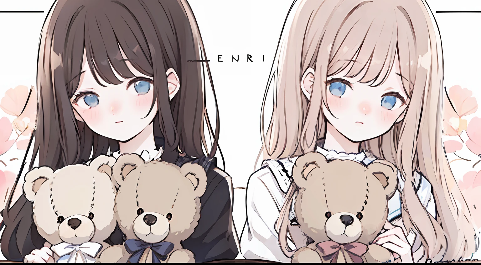 an anime-style illustration of two schoolgirls holding teddy bears. The girls should have long hair and wear white blouses with large bows and plaid skirts. The teddy bears should be light brown and look cute. The background should be a light pink color. Add the signature "kei to mo" at the bottom right corner of the illustration.