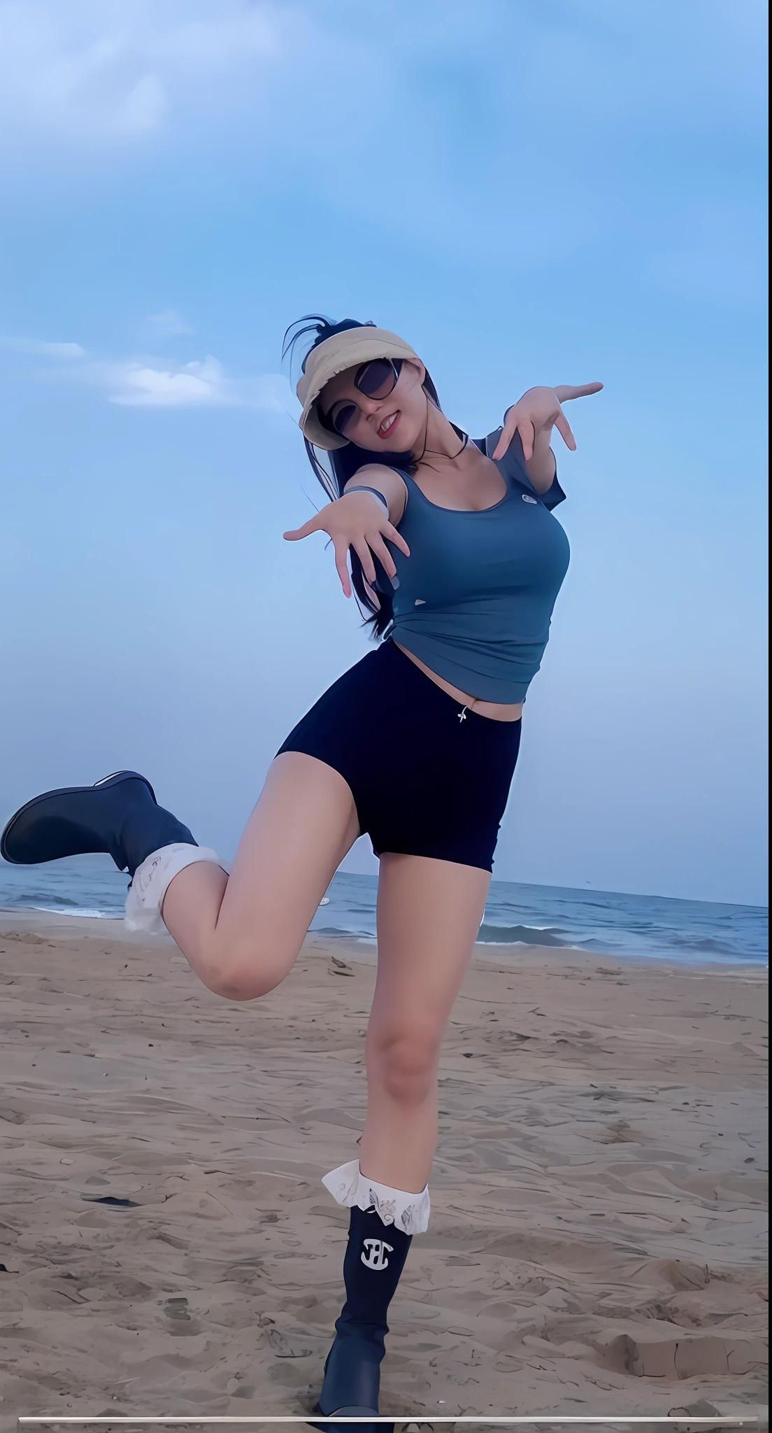 （from below：1.3），（ssee-through：1.2）There was a woman standing on the beach with a frisbee, pretty face with arms and legs, Attractive pose, posing on a beach with the ocean, lalisa manobal, on  the  beach, Cool pose, belle delphine, lunging at camera :4, epic angle and pose, posing on the beach, Dancing on the beach, sun yunjoo，