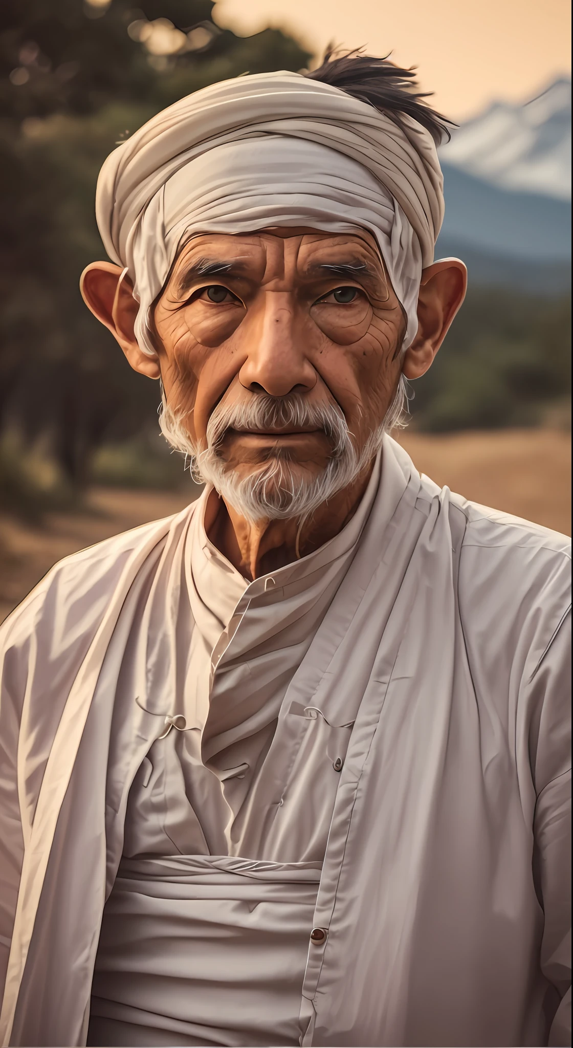With a beard、A longing man wearing a turban stands in front of the mountain, color photograph portrait 4k, portrait photo of an old man, portrait of monk, 50mm portrait, An old man, old man portrait, Wise old man, 7 0 mm portrait, portrait shot 8 k, 60mm portrait, sharp looking portrait, 4K portrait