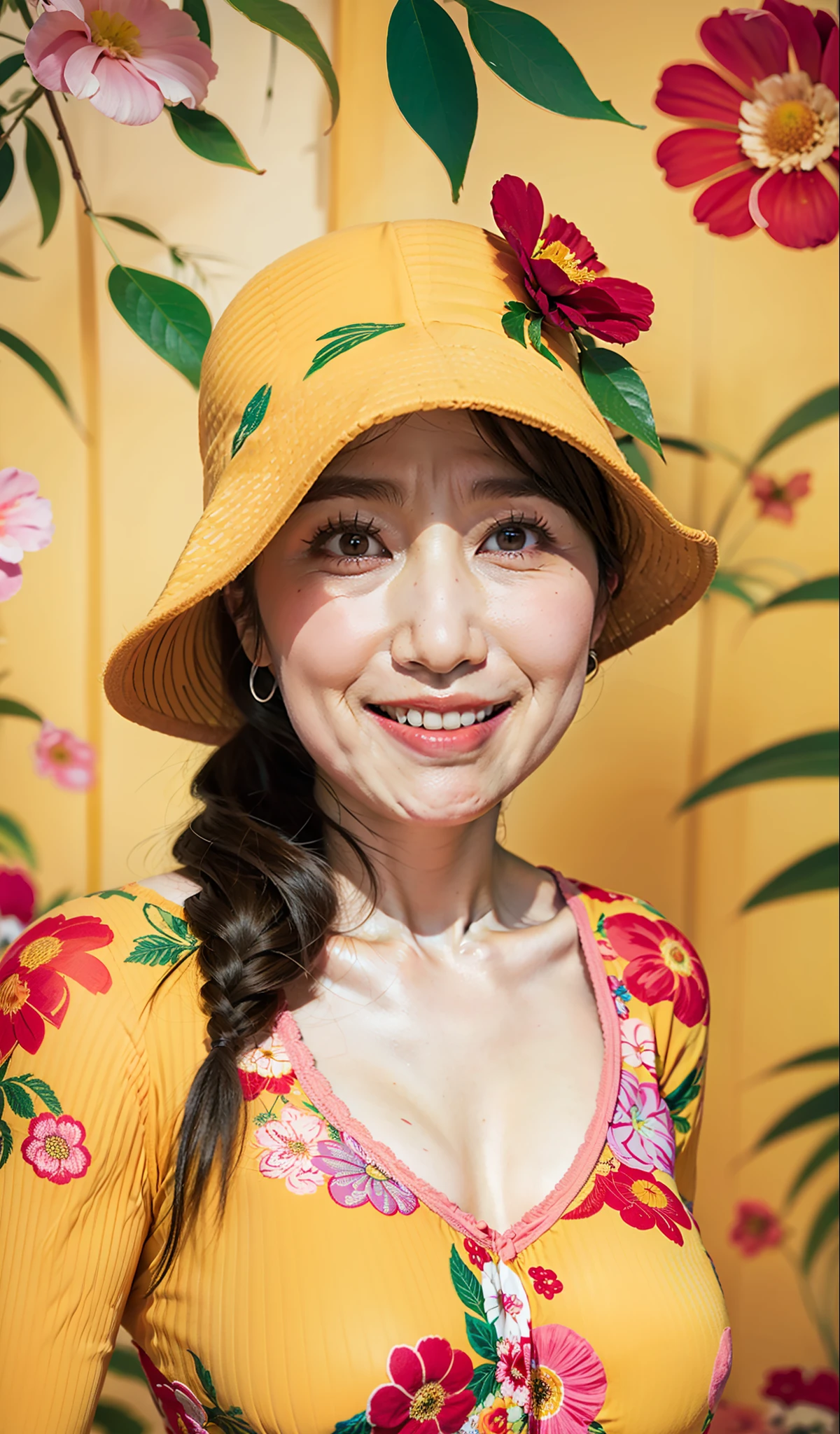hight resolution, Original, (flat-colors:0.9),(colourfull:1.1),(masterpiece:1,2), top-quality, masterpiece, hight resolution, Original, highly detailed wallpaper, Viewer's Perspective,Solo,portlate, (A MILF)、68 years old、Mature Woman Body Set、Exposing breasts、showing teeth、Detailed tongue、Detailed mouth、Staring at this、Floral background、undergarment、(Mature)、Natural wrinkles、ultra-realistic、Natural skin,、Natural hair color、