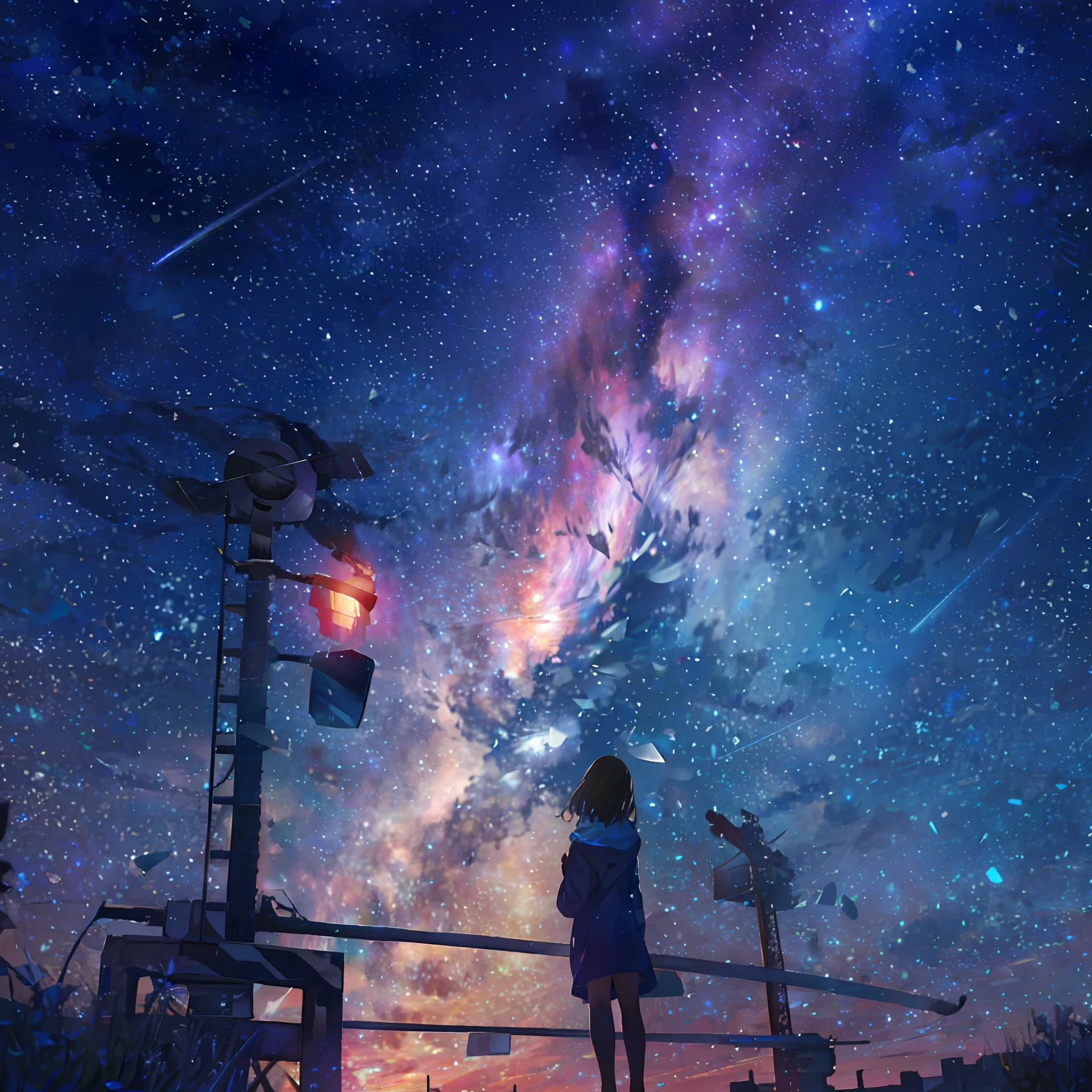 Starry sky with a girl looking at the stars, tranquility of the endless stars, girl looks at the space, Starry Sky 8 K, with the sky full of stars, on a galaxy looking background, the sky is a starry sky, looking off into space, Starry sky, night time with starry sky, amazing wallpapers, cosmos sem fim no fundo --auto