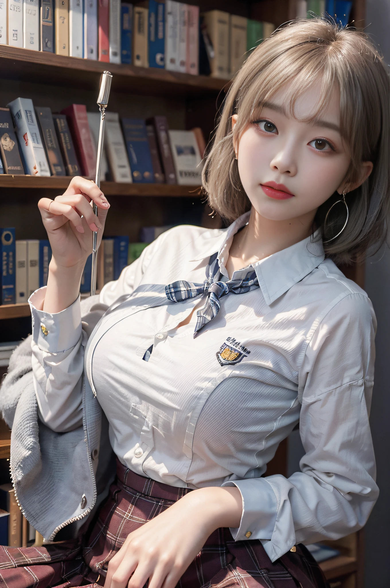 Best image quality, RAW photo, super high resolution, taken from the side, gentle smile, 16 years old Korean, very big breasts, tie, ribbon, school uniform, collared shirt, school uniform shirt, plaid skirt, fair skin, shiny white skin, short bob, bright silver hair, bright gray hair, neatly aligned bangs, beautiful eyes, beautiful eyes of random colors, very thin lips, beautiful eyes with details, Elongated eyes, pale pink blush, long eyelashes, beautiful double eyelids, eyeshadow, earrings, night school, dimly lit library at night, standing next to a bookshelf