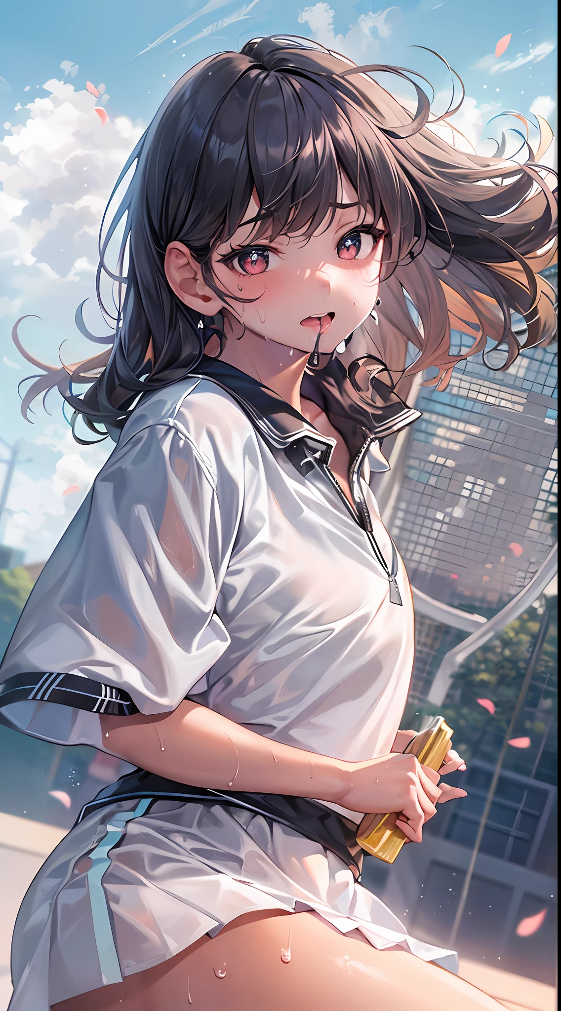 1girl, solo, white polo shirt, white sneakers, tennis wear, white miniskirt, masterpiece, best quality, realistic, hyper-detailed, (shiny skin, sweaty:1.4), absurd, looking at viewer, short black hair, brown eyes, slender, dynamic lighting, high resolution, sharp focus, depth of field, detailed eyes, sharp pupils, realistic pupils, (small breasts:1.6), (thick thighs:1.0), outdoor, sky
