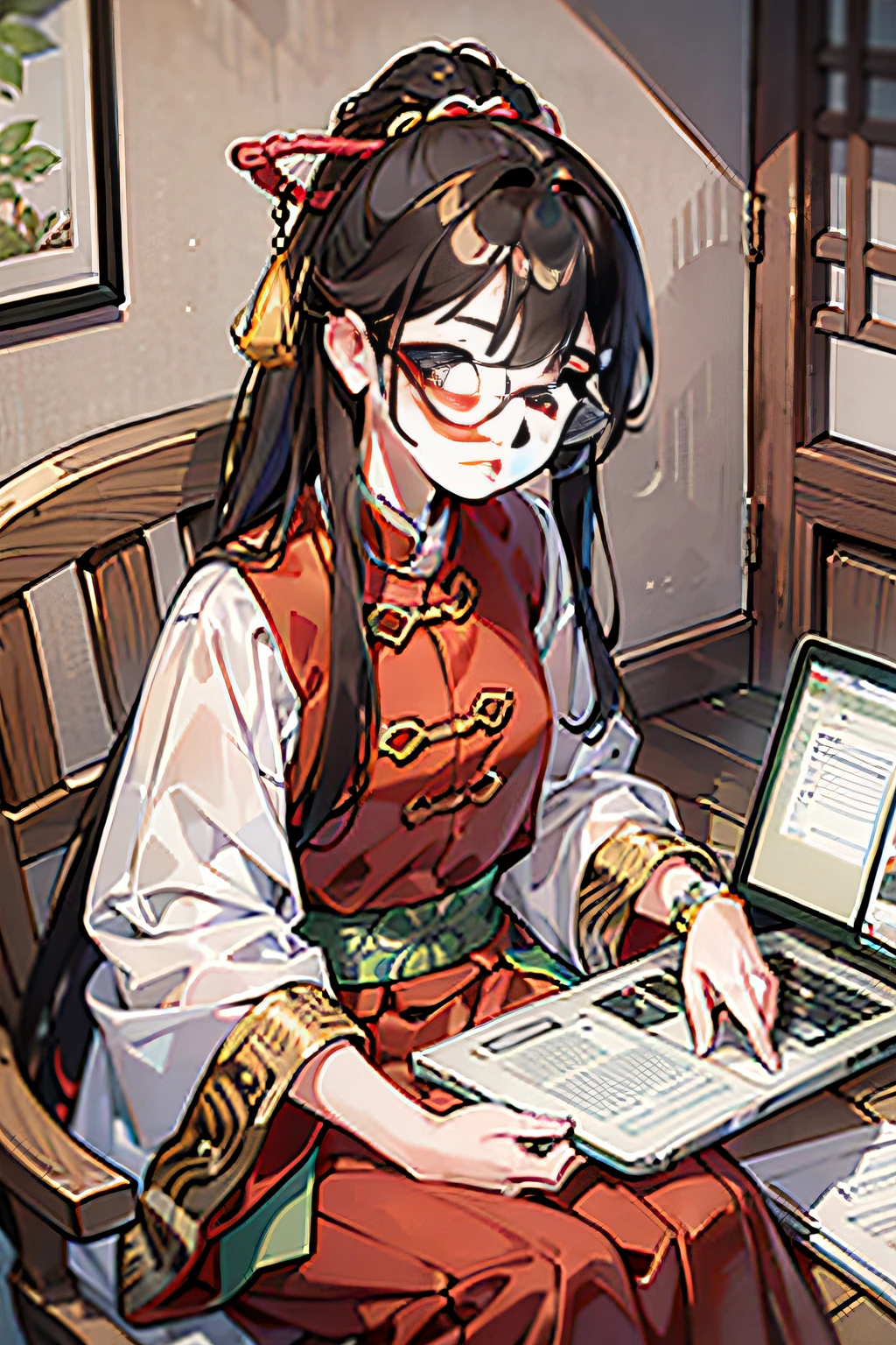 In the background is a Chinese Tang Dynasty study, a young girl with glasses dressed in Tang Dynasty Han costume uses a laptop with a guzheng next to it, with gorgeous details and high resolution