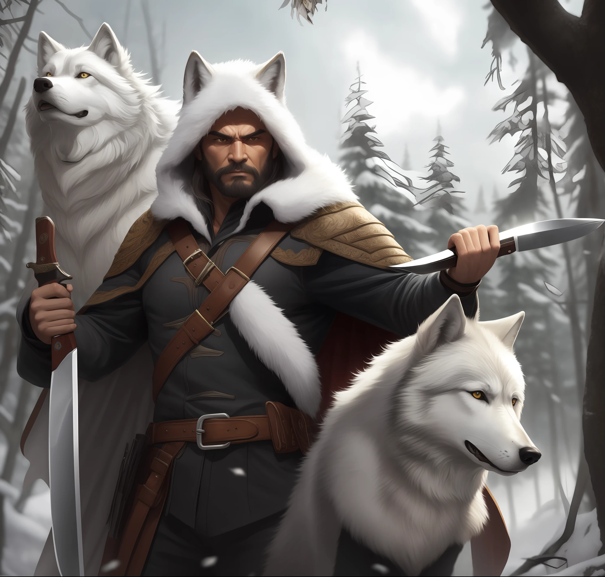 Northern Warrior, Strong brutal man, long hair with gray hair, white fur cape, hunting knife on the belt, Black leather pants. A white Canadian wolf sits nearby, Wolf Armor