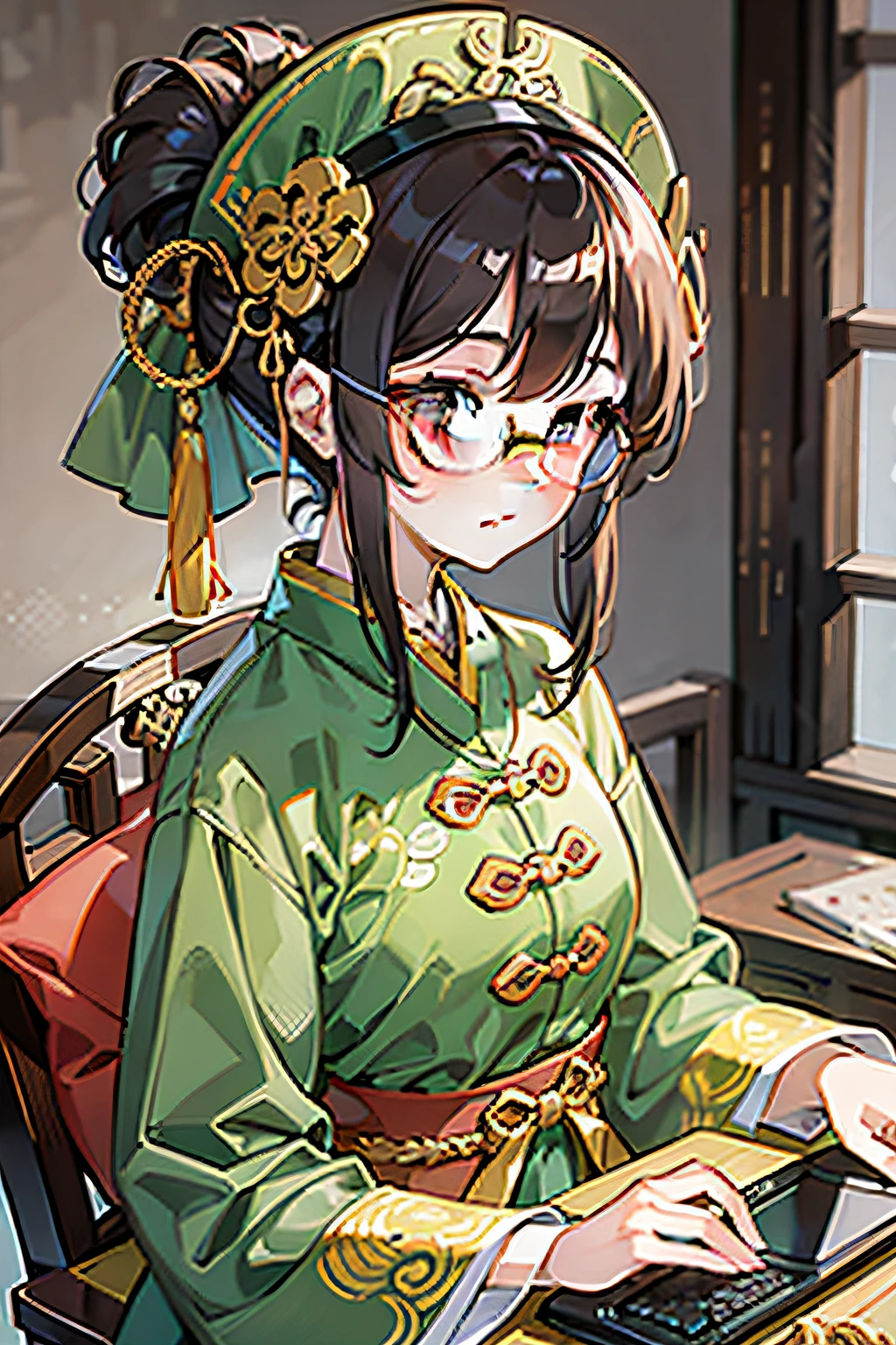 In the background is a Chinese Tang Dynasty study, a young girl with glasses dressed in Tang Dynasty Han costume uses a laptop with a guzheng next to it, with gorgeous details and high resolution