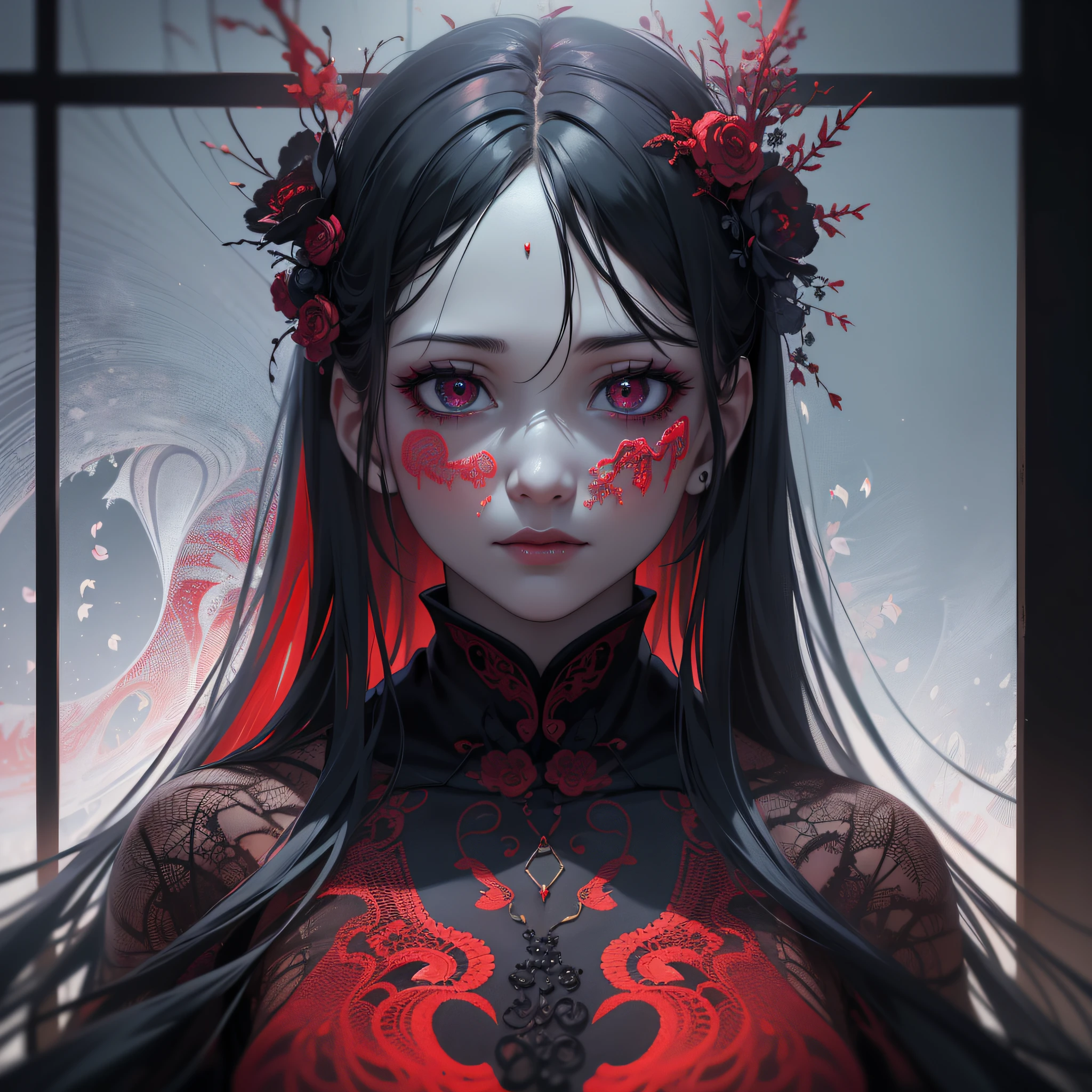 horror, red theme, chinese clothes, 1 girl, beautiful face, window, night, black fog, close up, upper body, red veil, (absurdres, highres, ultra detailed), 1girl, solo, extremely detailed eyes, (official art, beautiful and aesthetic:1.2), (dark art,erosion,fractal art :1.3), colorful, horror,highest detailed