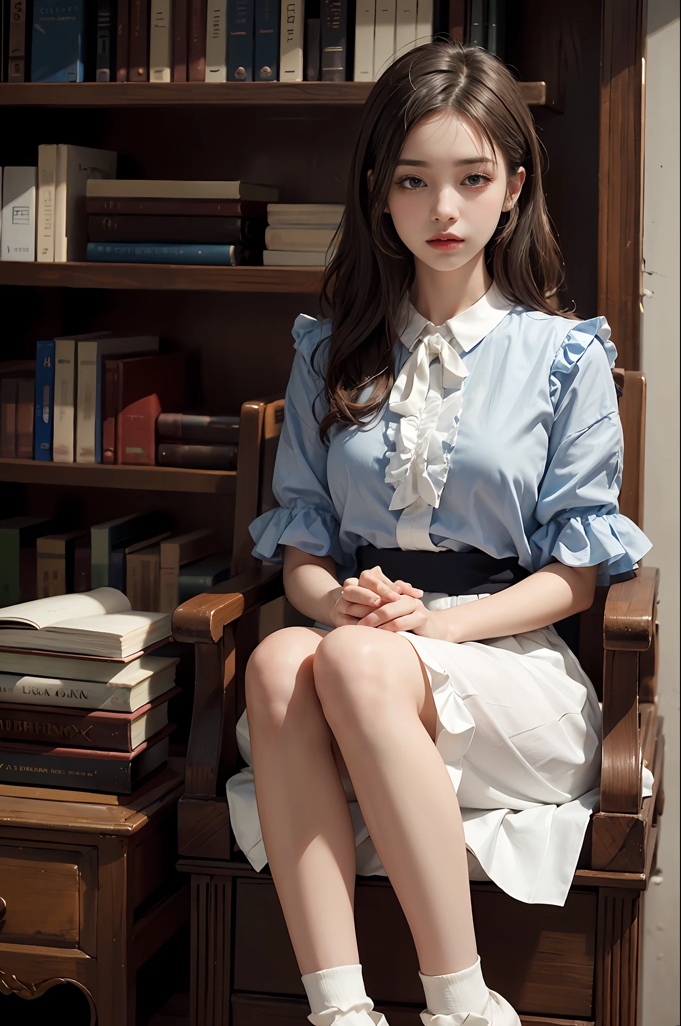 a closeup、(hi-top fade:1.3)、Subdued Color、(natural skin textures、Hyper-Realism、Soft light、Soft Diffuse Lighting)、1人の女性、(White blouse with ruffles、Blue skirt with ruffles)、(Silk white ankle-length socks and black pumps), wavy gray-brown hair adorned with ribbons、People who look embarrassed、eye closed、stick out your lips、Touch the viewer with your hand、A library full of books
