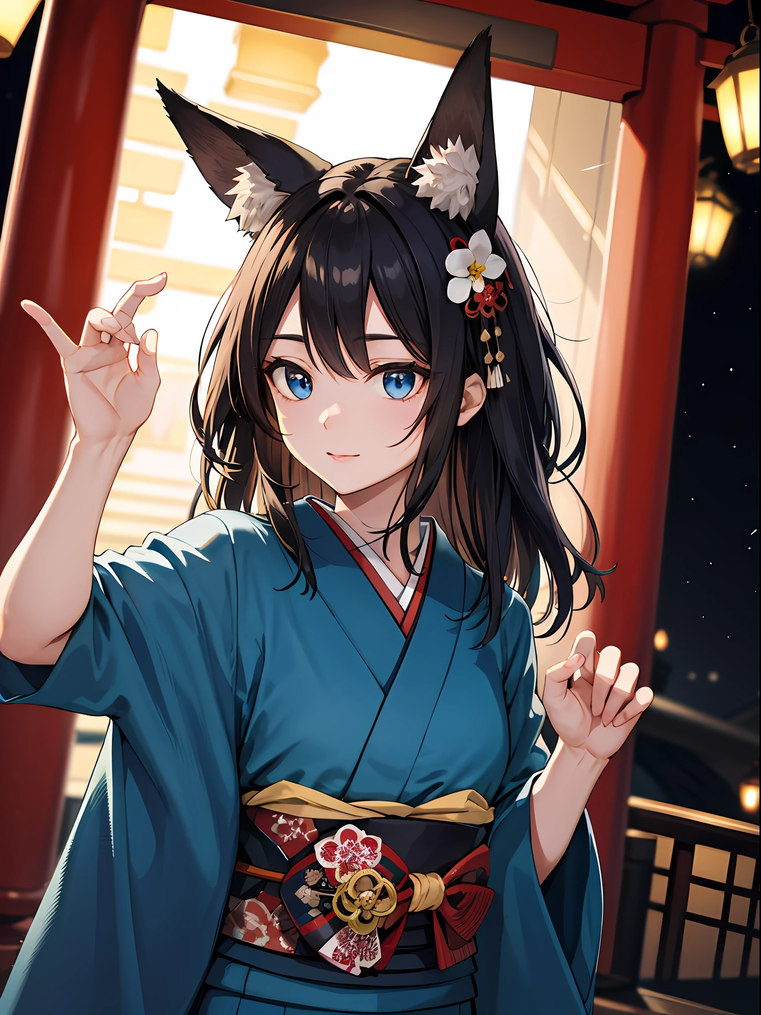 (absurdres, highres, ultra detailed), close-up of face, emphasis on face, focus on face, one woman, mature woman, aged, long straight hair, shiny beautiful hair, blue eyes, bangs, long sleeves, finely drawn eyes and detailed face, eye highlights, hands without breaks, rich Lighting, Highly detailed CG unified 8K wallpaper, Intricate details, Portrait, Gazing, Solo, Half shot, Fine drawn face, Soft smile, Dynamic pose, Classical period, (Ancient Japanese themed: 1.1), Japanese mythology, Fox ears, Japanese people, ruler, Blue kimono Japanese, Floral kimono, Ancient theme, (Prosperous Civilization: 1.1), Moon in background, (Immaculate: 1.1) shrine, Torii gate, Japanese landscape, Ancient city in background, Fox mask on head, Fantastic, dreamy, dancing lights, lantern, Austere, Night, Darkness, Stars, Portrait, Cinematic lighting