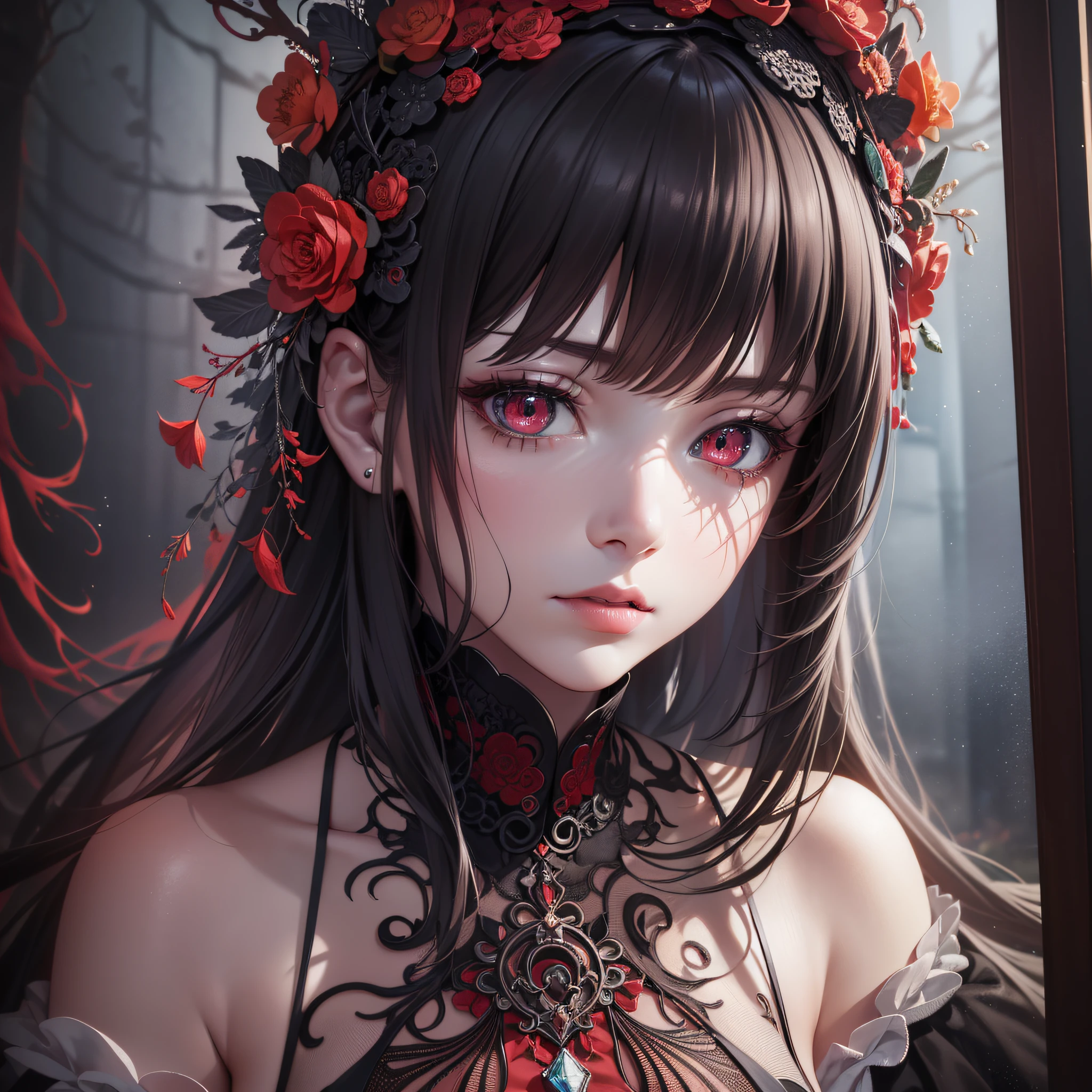 horror, red theme, chinese clothes, 1 girl, beautiful face, window, night, black fog, close up, upper body, red veil, (absurdres, highres, ultra detailed), 1girl, solo, extremely detailed eyes, (official art, beautiful and aesthetic:1.2), (dark art,erosion,fractal art :1.3), colorful, horror,highest detailed