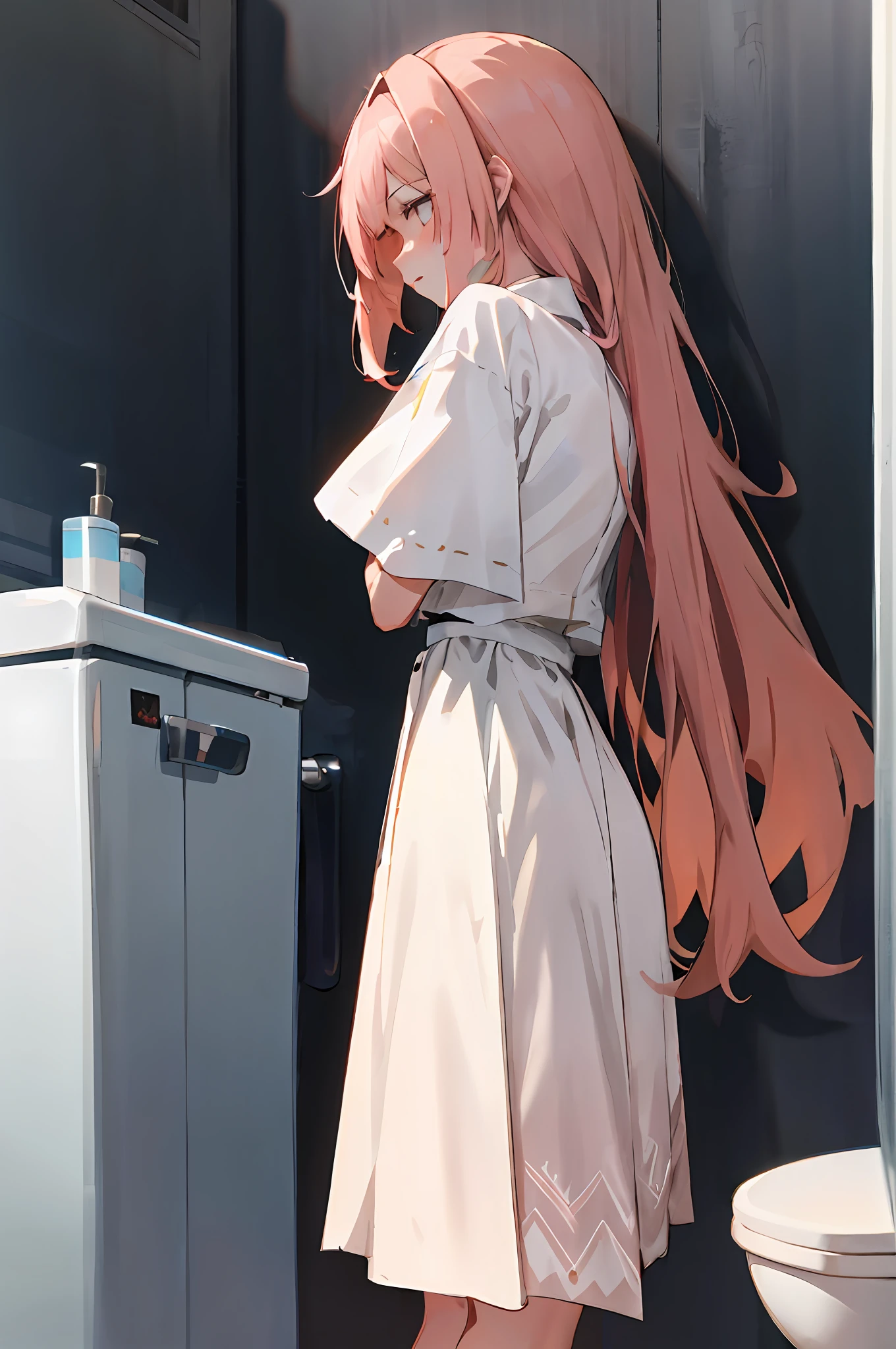 Anime girl standing in front of toilet in white dress, drawn in anime painter studio, from girls frontline, Fine details. Girl Front, Smooth anime CG art, Girls Frontline CG, dressed in simple robes, Anime girl with long hair, made with anime painter studio, Zerotwo, ilya kuvshinov with long hair, flowing hair and long robes