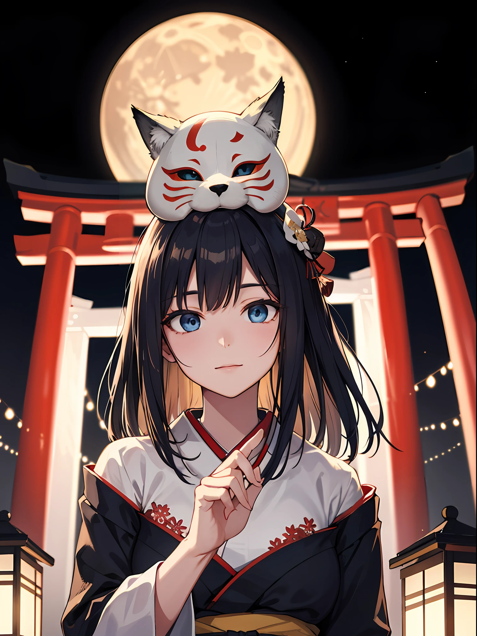 (absurdres, highres, ultra detailed), close-up of face, emphasis on face, focus on face, one woman, mature woman, aged, long straight hair, shiny beautiful hair, blue eyes, bangs, long sleeves, finely drawn eyes and detailed face, eye highlights, hands without breaks, rich Lighting, Highly detailed CG unified 8K wallpaper, Intricate details, Portrait, Gazing, Solo, Half shot, Fine drawn face, Soft smile, Dynamic pose, Classical period, (Ancient Japanese themed: 1.1), Japanese mythology, Fox ears, Japanese people, ruler, Blue kimono Japanese, Floral kimono, Ancient theme, (Prosperous Civilization: 1.1), Moon in background, (Immaculate: 1.1) shrine, Torii gate, Japanese landscape, Ancient city in background, Fox mask on head, Fantastic, dreamy, dancing lights, lantern, Austere, Night, Darkness, Stars, Portrait, Cinematic lighting