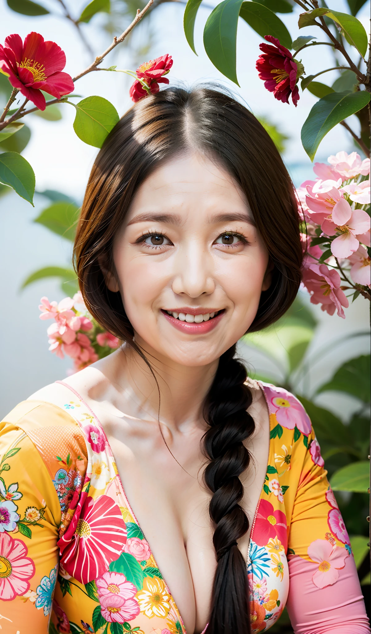 hight resolution, Original, (flat-colors:0.9),(colourfull:1.1),(​masterpiece:1,2), top-quality, ​masterpiece, hight resolution, Original, highly detailed wallpaper, Viewer's Perspective,Solo,portlate, (A MILF)、68 years old、Mature Woman Body Set、Exposing breasts、showing teeth、Detailed tongue、Detailed mouth、Staring at this、Floral background、undergarment、(Mature)、Natural wrinkles、ultra-realistic、Natural skin,、Natural hair color、