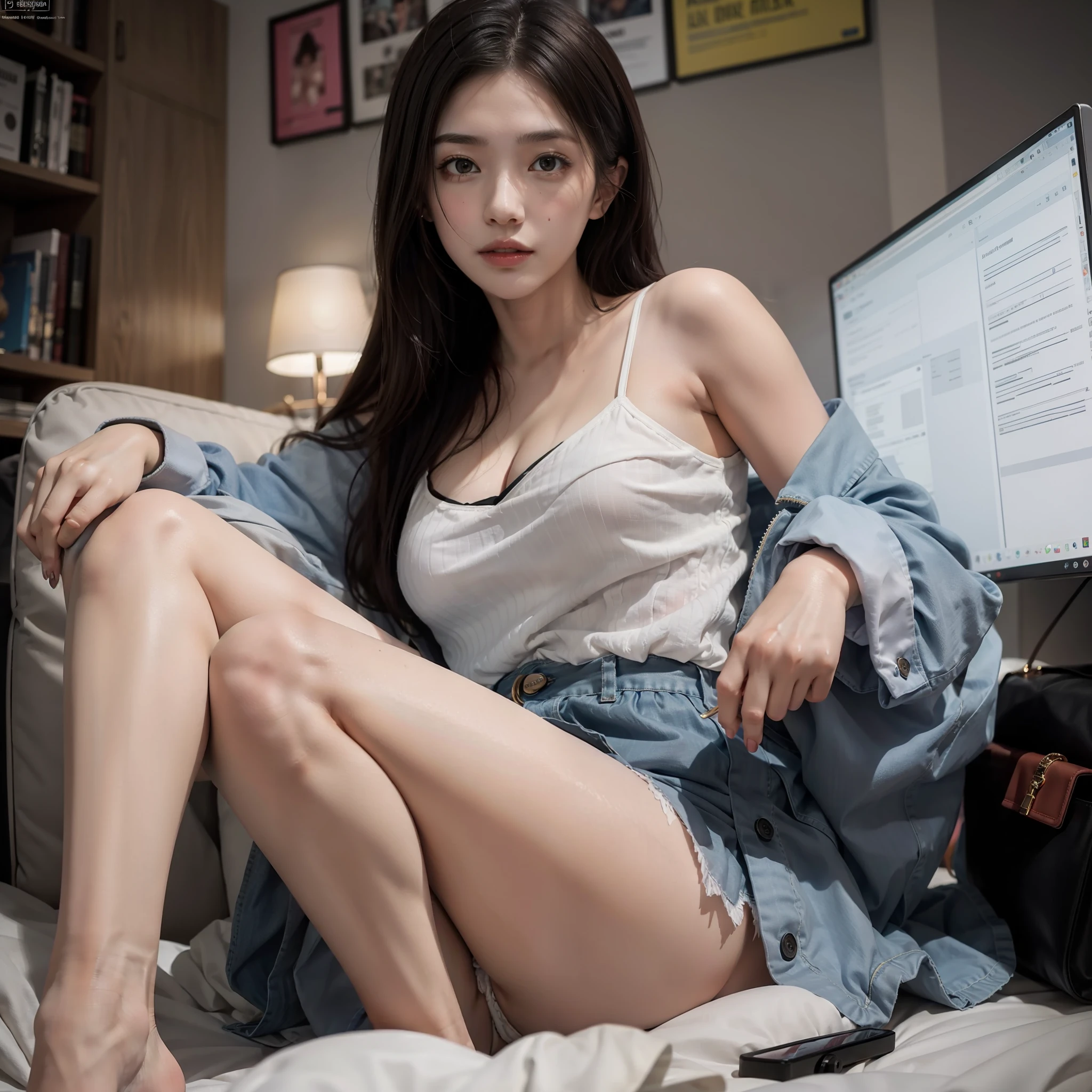 The girl crouched, Woman in skirt, , bottom angles, Beautiful highschool girl,anatomy correct,Emoji seduction,Coquettish gesture,The reveal panties