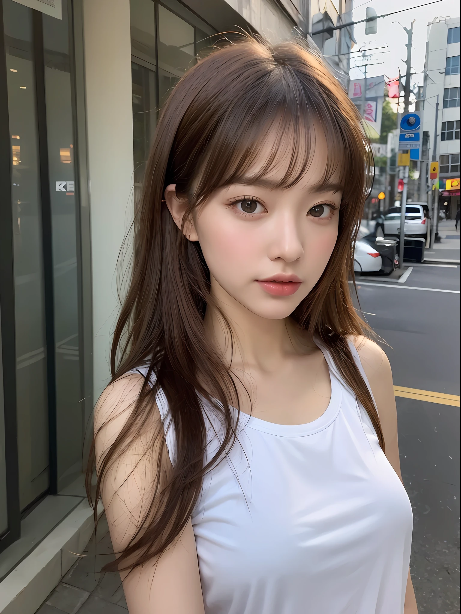 ((, Need, 8K, tmasterpiece:1.3)), 1female，Upper body body，self-shot，Focalors:1.2, perfect figure beautiful woman:1.4,（ natta:1.1）, ((red brown hair )), (whitet-shirt：1.2),, Highly detailed facial and skin texture, A detailed eye, 二重まぶた