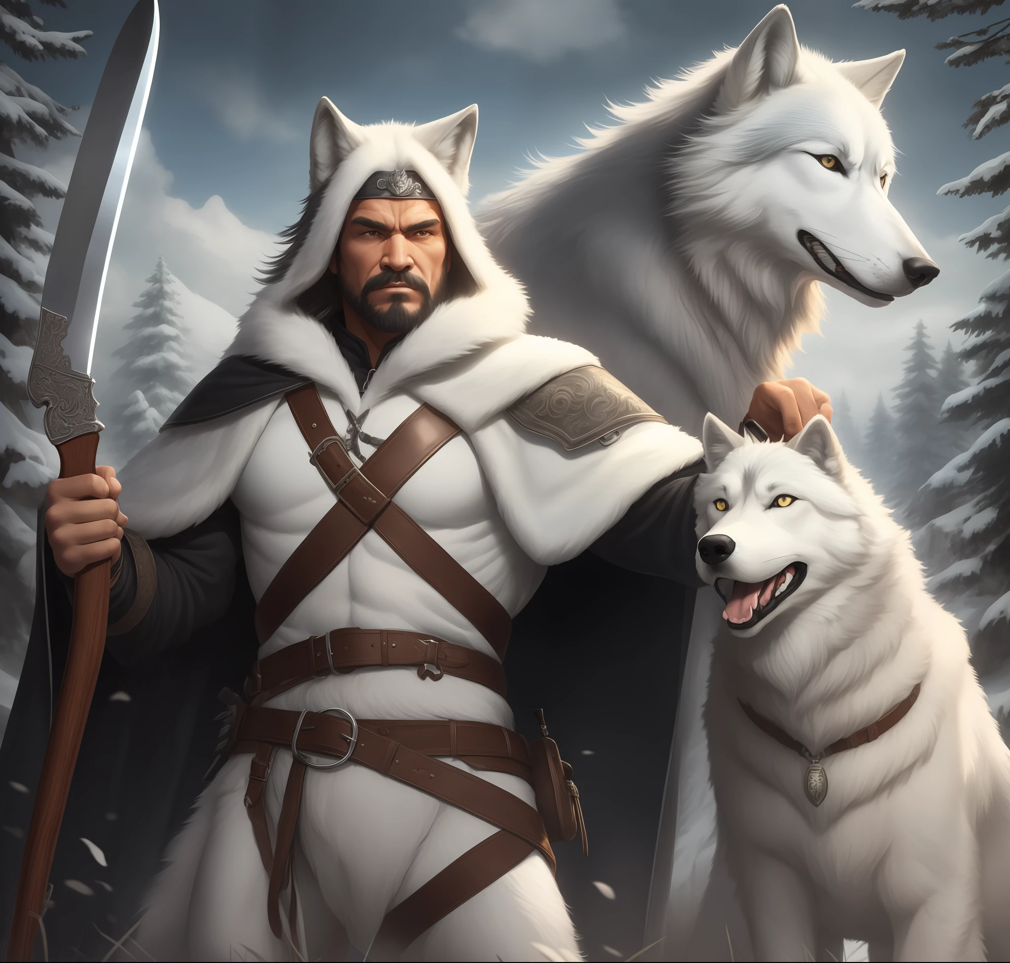 Northern Warrior, Strong brutal man, long hair with gray hair, white fur cape, hunting knife on the belt, Black leather pants. A white Canadian wolf sits nearby, Wolf Armor