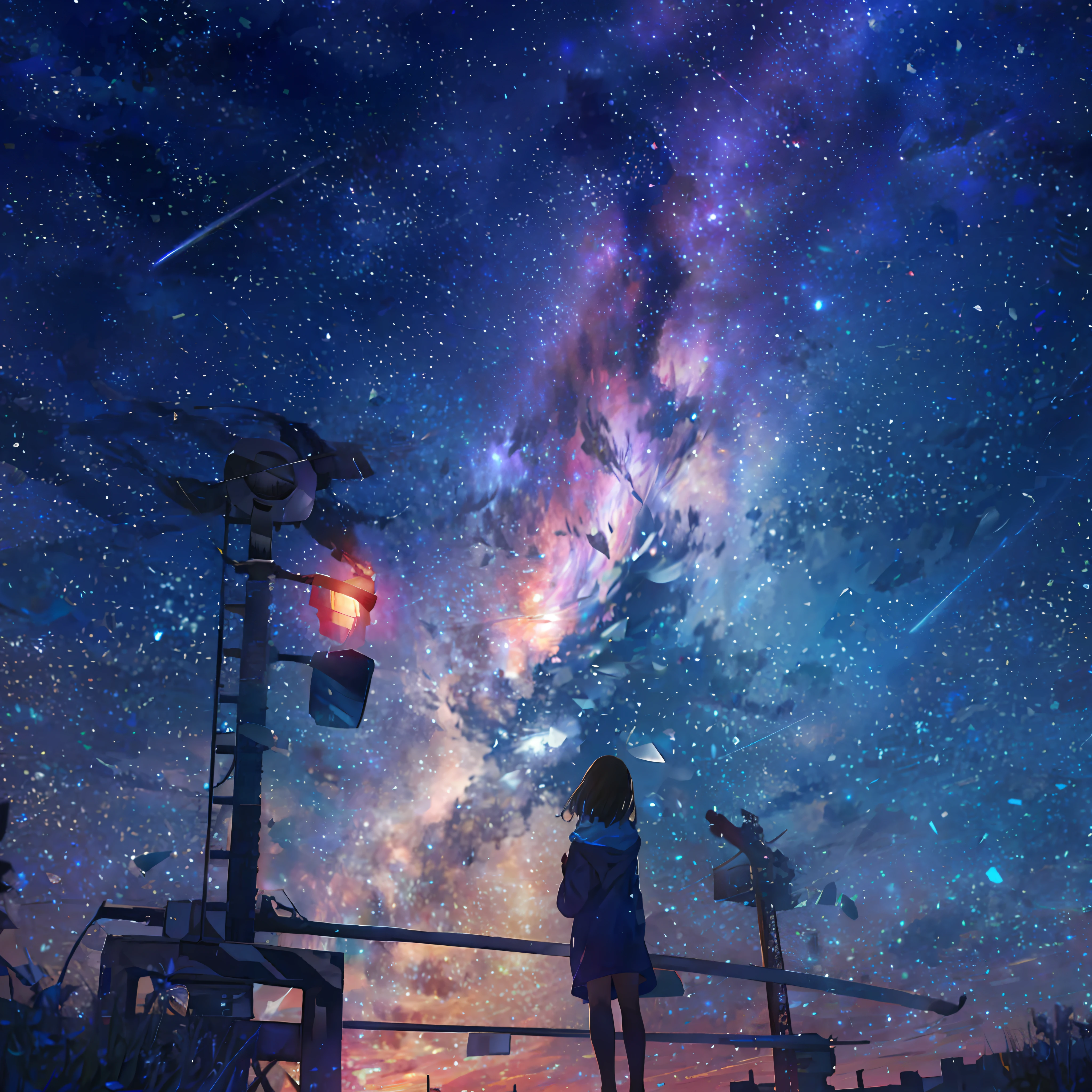 Starry sky with a girl looking at the stars, tranquility of the endless stars, girl looks at the space, Starry Sky 8 K, with the sky full of stars, on a galaxy looking background, the sky is a starry sky, looking off into space, Starry sky, night time with starry sky, amazing wallpapers, cosmos sem fim no fundo --auto