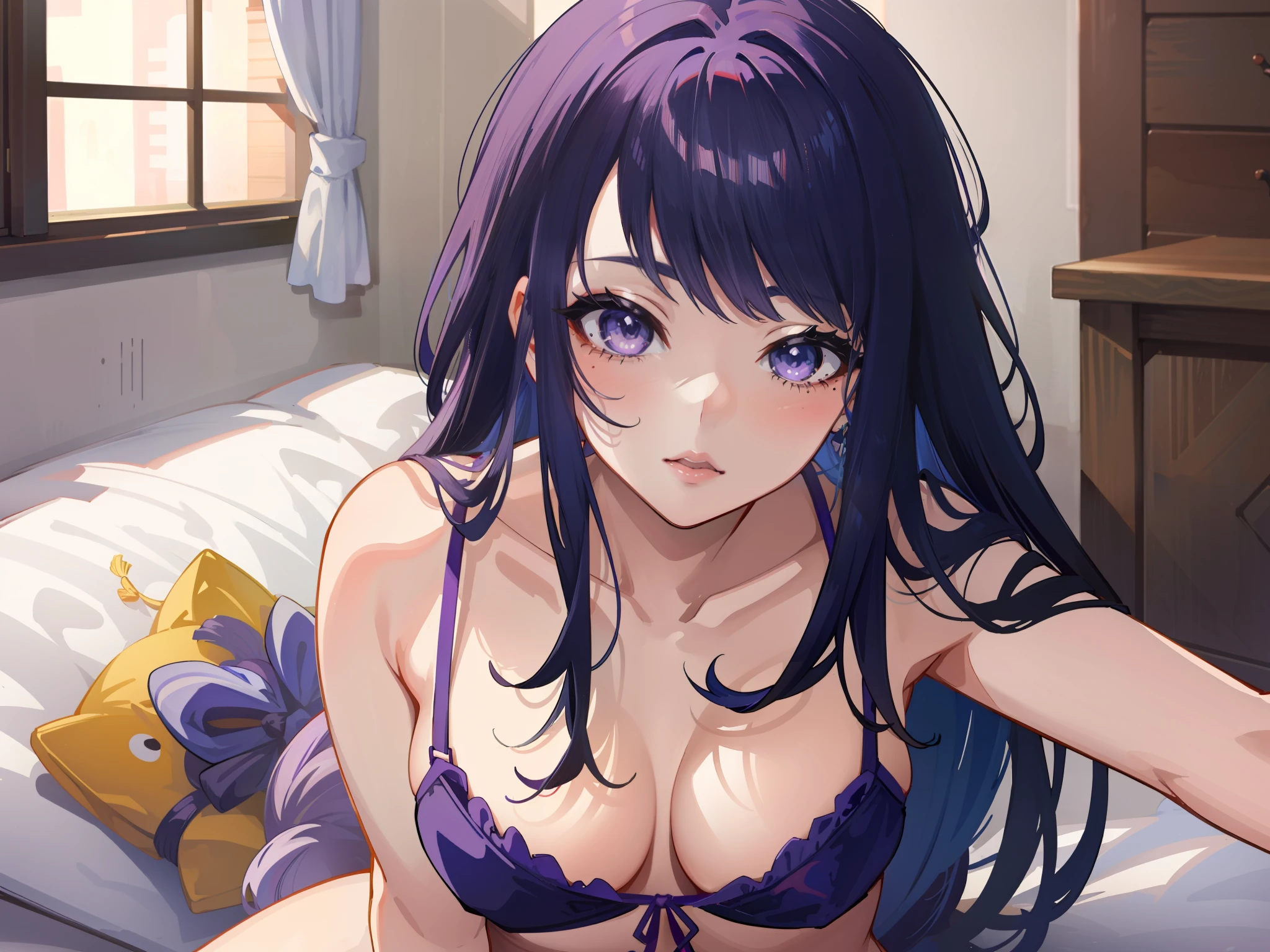 anime girl with long hair and purple bra top posing for camera, seductive anime girl, small curvy loli, smooth anime cg art, hyperrealistic schoolgirl, [ 4 k digital art ]!!, ahegao, anime moe artstyle, a hyperrealistic schoolgirl, big oppai, realistic schoolgirl, best anime 4k konachan wallpaper, shikamimi