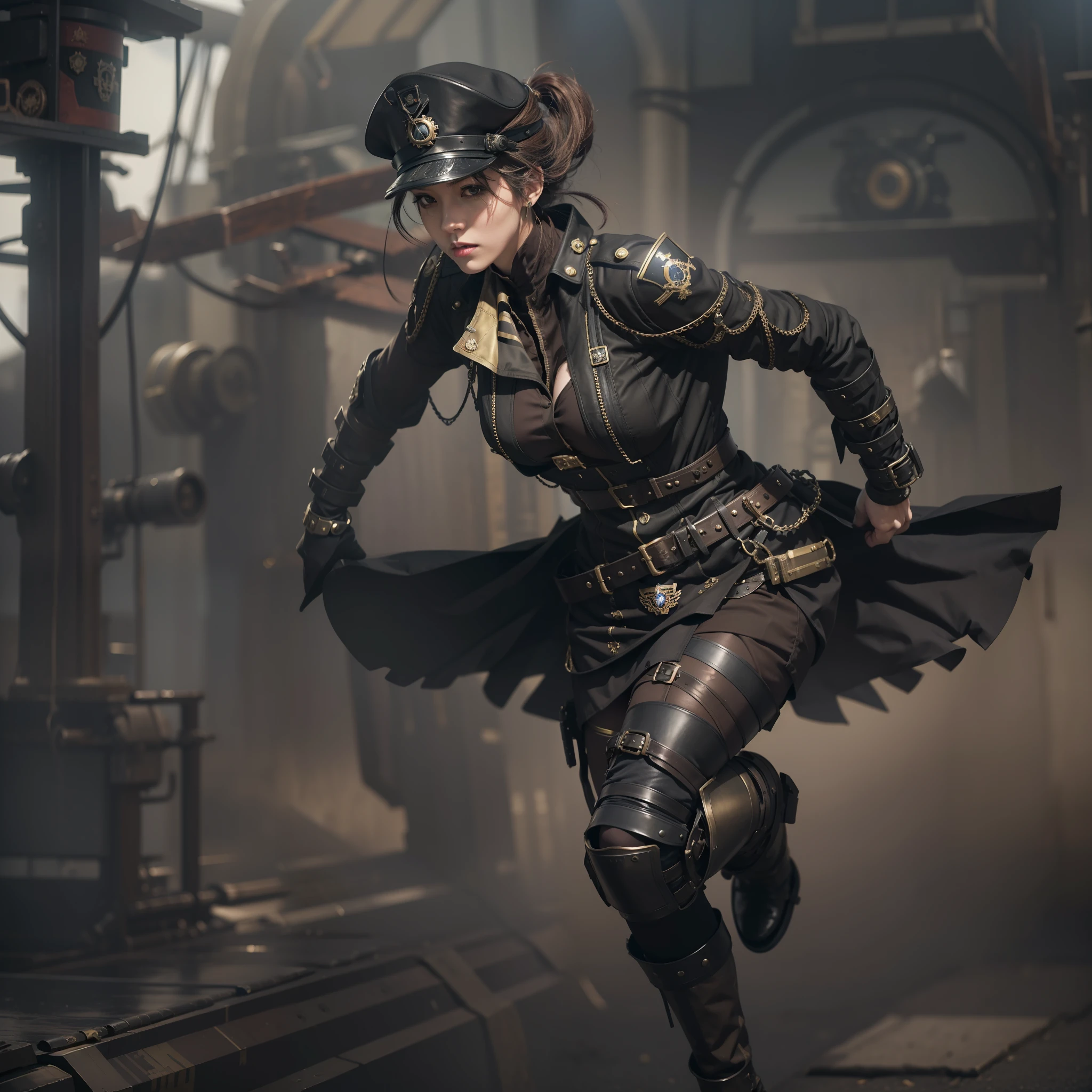 a woman in a military uniform running pose, steampunk fantasy style, steampunk aesthetic, steampunk cyberpunk, steampunk beautiful anime woman, steampunk clothes, wearing steampunk attire, wearing techwear and armor, dieselpunk armor, sci-fi steampunk, steampunk warrior, very stylish fantasy armor, a black dieselpunk policewoman, black armored uniform, dieselpunk soldier girl, wearing military outfit
