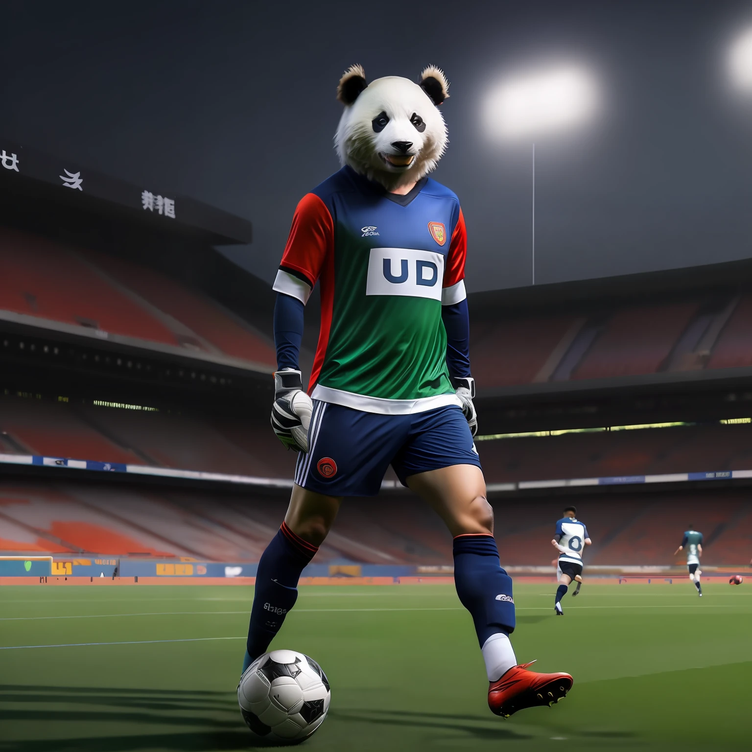 (top-quality、8k、32k、​masterpiece、UHD:1.2)、1panda、Playing Soccer、football、Long socks、spikes、running、(football uniform:1.2)、Football Stadium