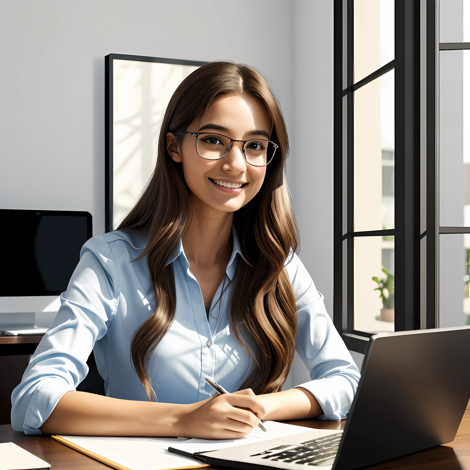 Best quality, professional photo, masterpiece, ultra high res, (photorealistic:1.4), raw photo, 1girl, european, 25-year-old, long brown hair, a sly smile, shiny skin, glasses with clear details, office environment, home office, computer, back view, sitting at her desk, searching words at the screen, studying in bedroom, dramatic lighting, highlight light effect, soft shadows --auto