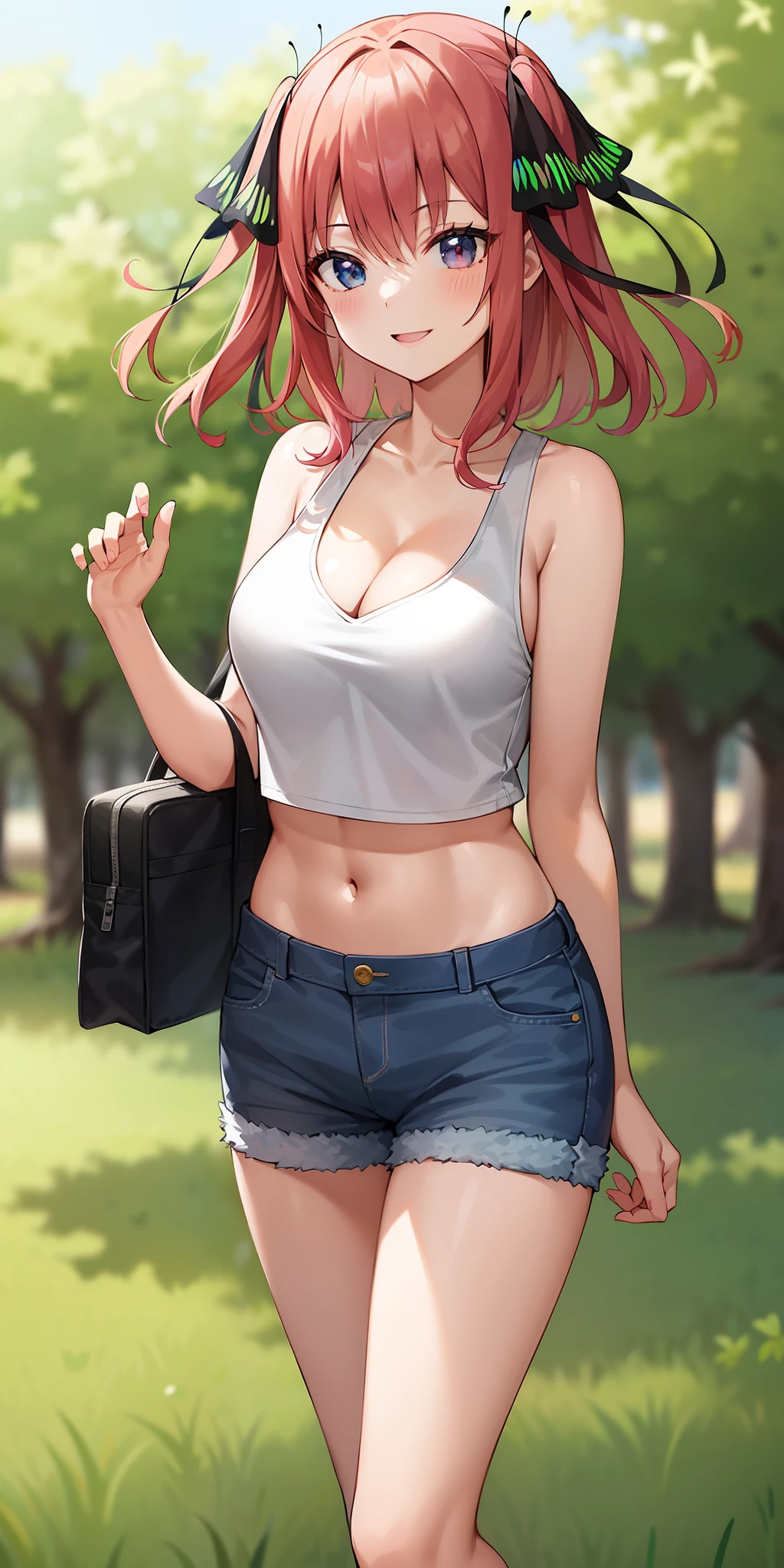 2d, masterpiece, best quality, anime, highly detailed, 1girl, solo, cowboy shot, nakano nino, pink hair, butterfly hair ornament, crop top , cleavage, Denim shorts , medium breasts, standing, school, outdoors, smile