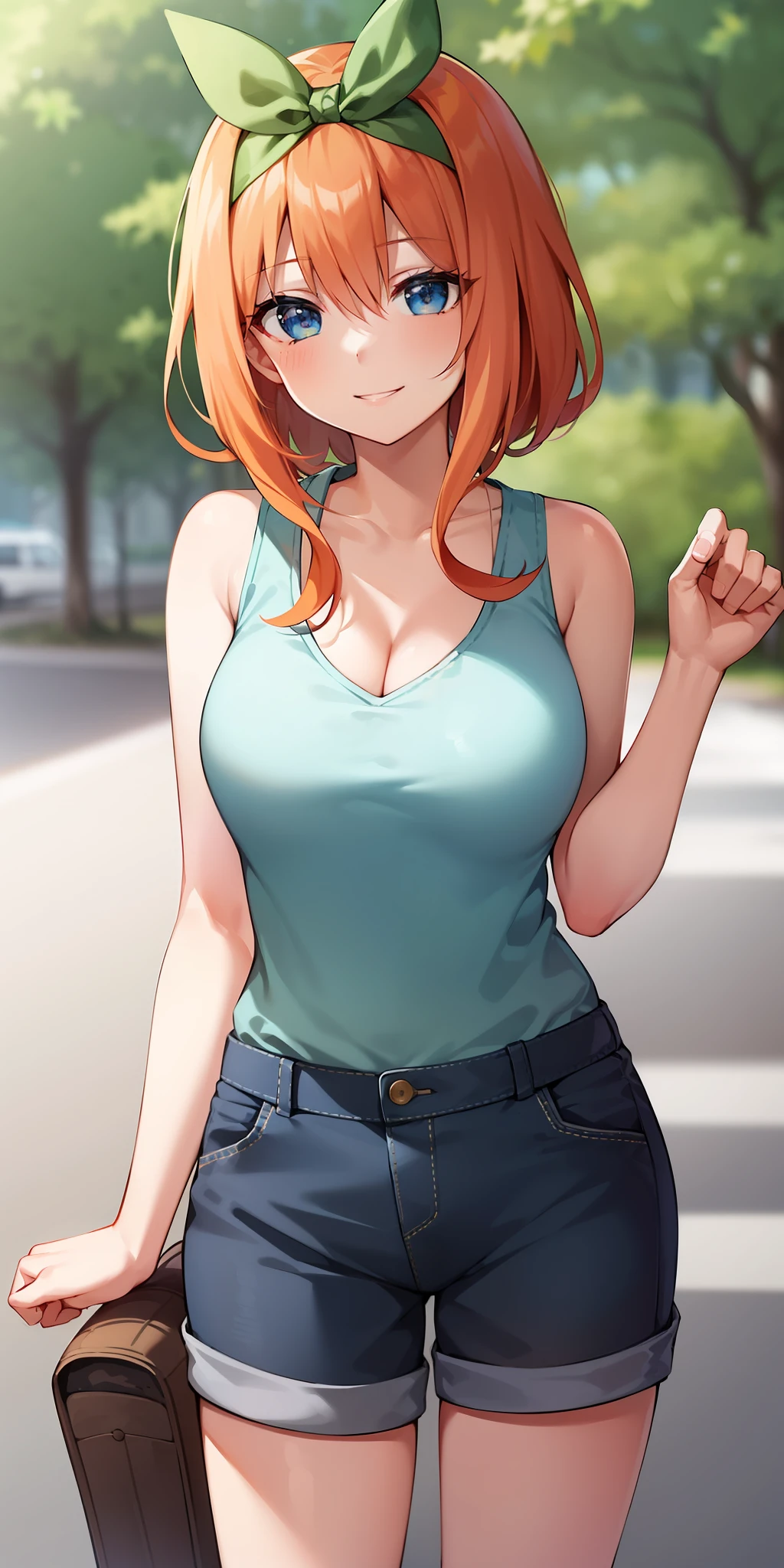2d, masterpiece, best quality, anime, highly detailed, 1girl, solo, cowboy shot, nakano yotsuba, orange hair, hair bow, sports dress, sleeveless, cleavage , denim shorts, medium breasts, standing, , outdoors, smile