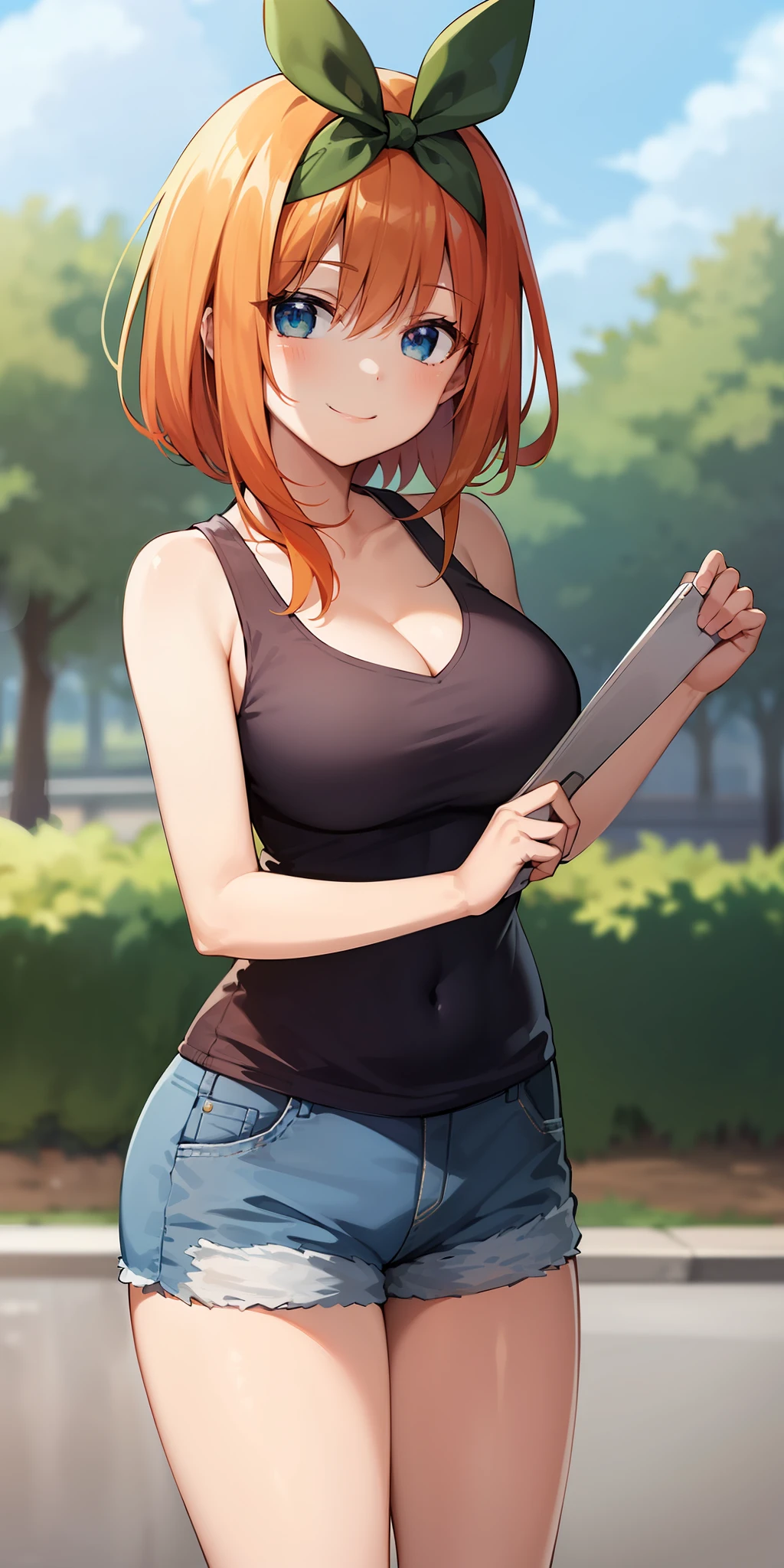 2d, masterpiece, best quality, anime, highly detailed, 1girl, solo, cowboy shot, nakano yotsuba, orange hair, hair bow, sports dress, sleeveless, cleavage , denim shorts, medium breasts, standing, , outdoors, smile