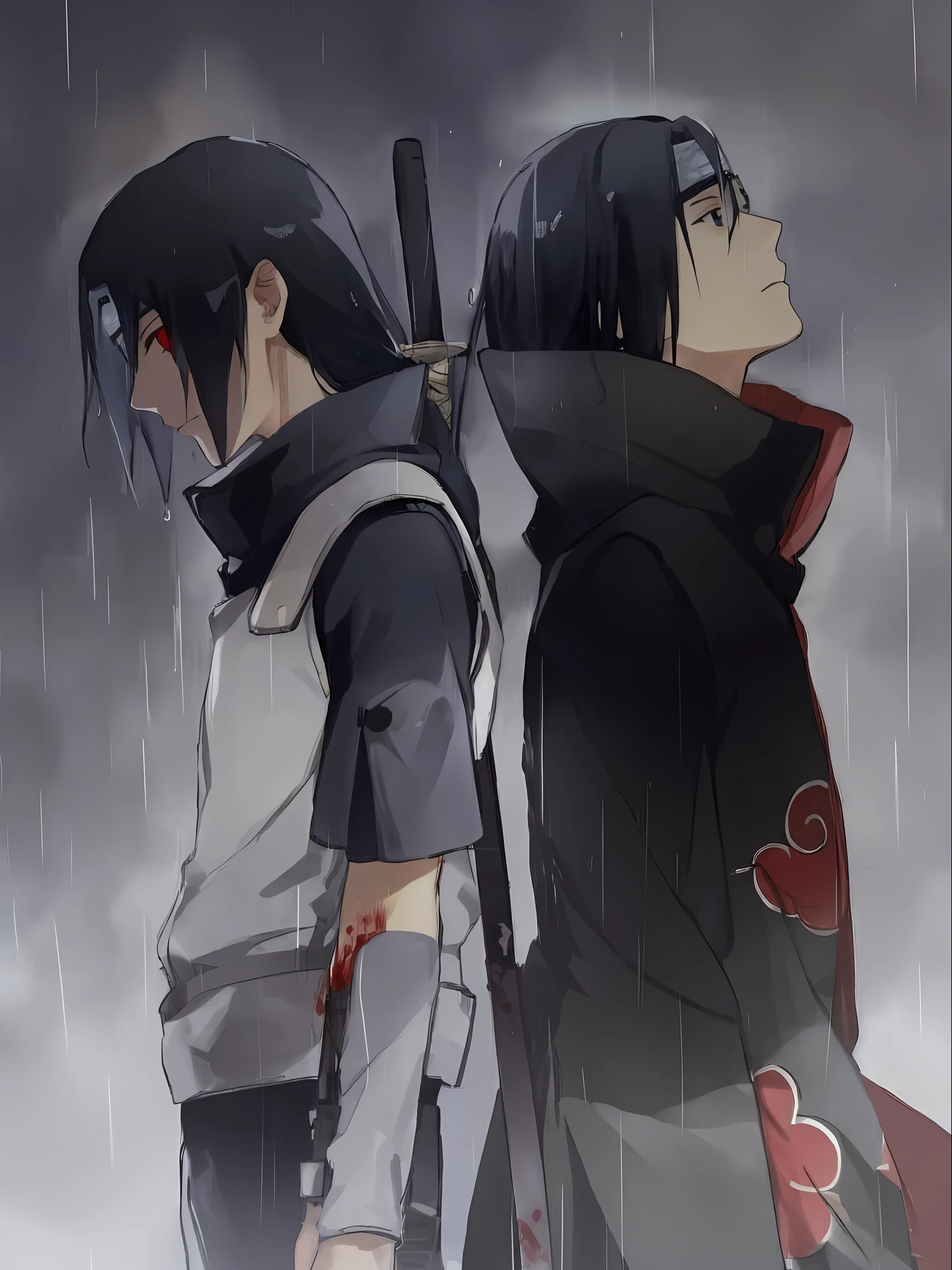 Anime characters standing in the rain，Sword in hand, uchiha itachi, Uchiha sasuke, uchiha itachi, Eyes bleeding，The figure on the left looks at the blood-red moon，The figure on the right sits on a shabby stone chair and watches，Lights of all homes