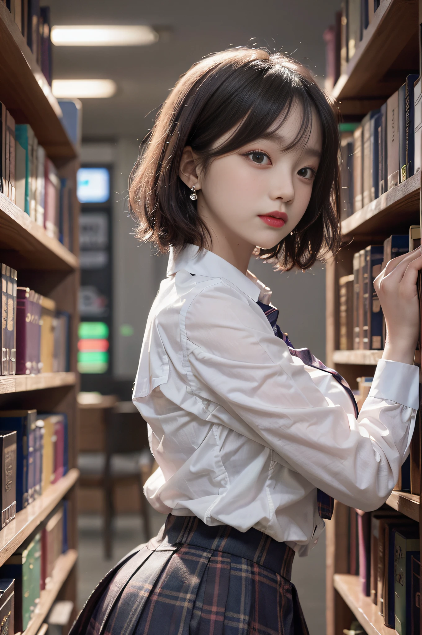Best image quality, RAW photo, super high resolution, taken from the side, gentle smile, 16 years old Korean, very big breasts, tie, ribbon, school uniform, collared shirt, school uniform shirt, plaid skirt, fair skin, shiny white skin, short bob, bright silver hair, bright gray hair, neatly aligned bangs, beautiful eyes, beautiful eyes of random colors, very thin lips, beautiful eyes with details, Elongated eyes, pale pink blush, long eyelashes, beautiful double eyelids, eyeshadow, earrings, night school, dimly lit library at night, standing next to a bookshelf