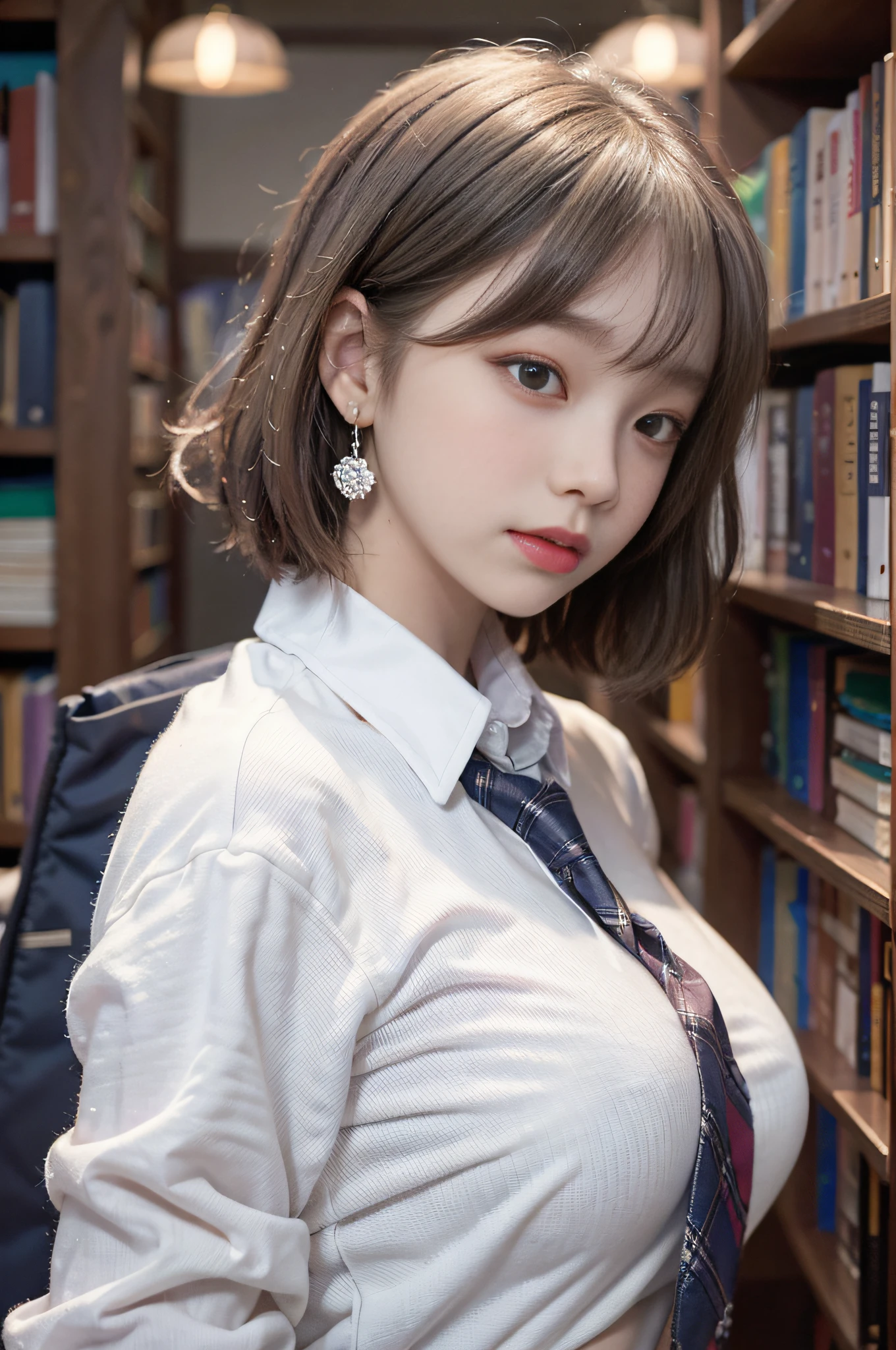 Best image quality, RAW photo, super high resolution, taken from the side, gentle smile,  Korean, very big breasts, tie, ribbon, school uniform, collared shirt, school uniform shirt, plaid skirt, fair skin, shiny white skin, short bob, bright silver hair, bright gray hair, neatly aligned bangs, beautiful eyes, beautiful eyes of random colors, very thin lips, beautiful eyes with details, Elongated eyes, pale pink blush, long eyelashes, beautiful double eyelids, eyeshadow, earrings, night school, dimly lit library at night, standing next to a bookshelf