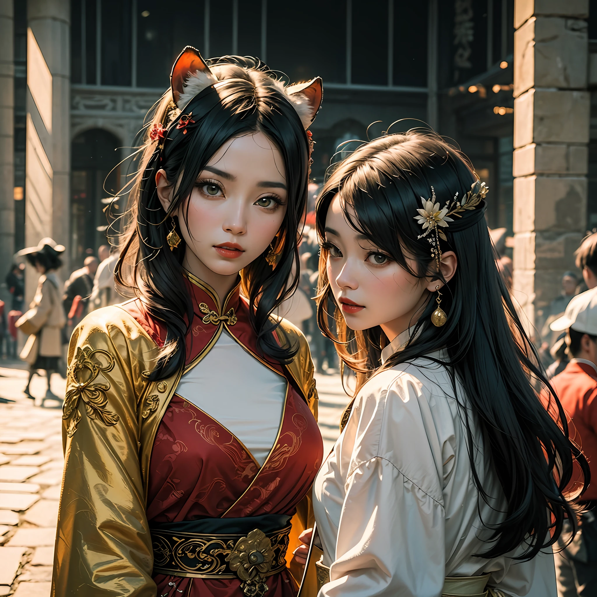((Masterpiece:1.2),highest  quality:1.1),(dynamic angle:1.2,dynamicposes:1.2,softlighting:1.1)，The court beauty in a robe was surrounded by a white Siberian tiger，Red pattern with atmosphere，Cold and noble，The golden yellow pattern sparkles，The hair was tied up like a palace maid，Black hair，Insert the blonde hairpin，Set in the back garden of the ancient Chinese Tang Dynasty，Show the splendor and beauty of the Tang Dynasty。Royal style，Bright red lips，Sharp eyes。Please depict the character's face in detail，Especially the eyes and lips。Please note，The background should be minimalist，slightly obscured，Don't show people。