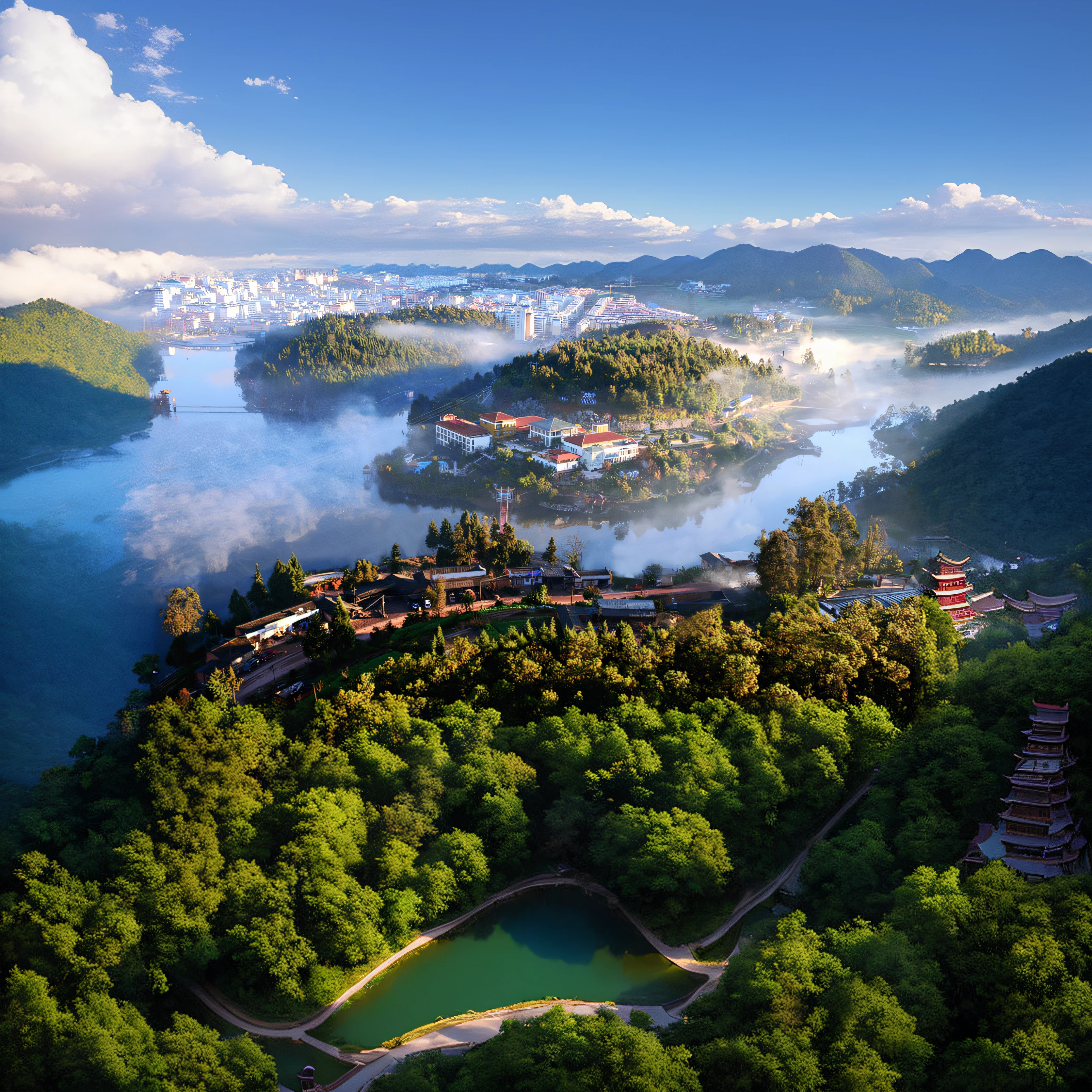 Aerial view of the town surrounded by trees and rivers, guangjian, by Ni Yuanlu, upper view, in a panoramic view, mid air, the taoist temples of huangshan, nanquan, City, A beautiful, dreamy Chinese towns, White, around the city, Overlooking, University, an beautiful, full - view, View from above, tourist destination